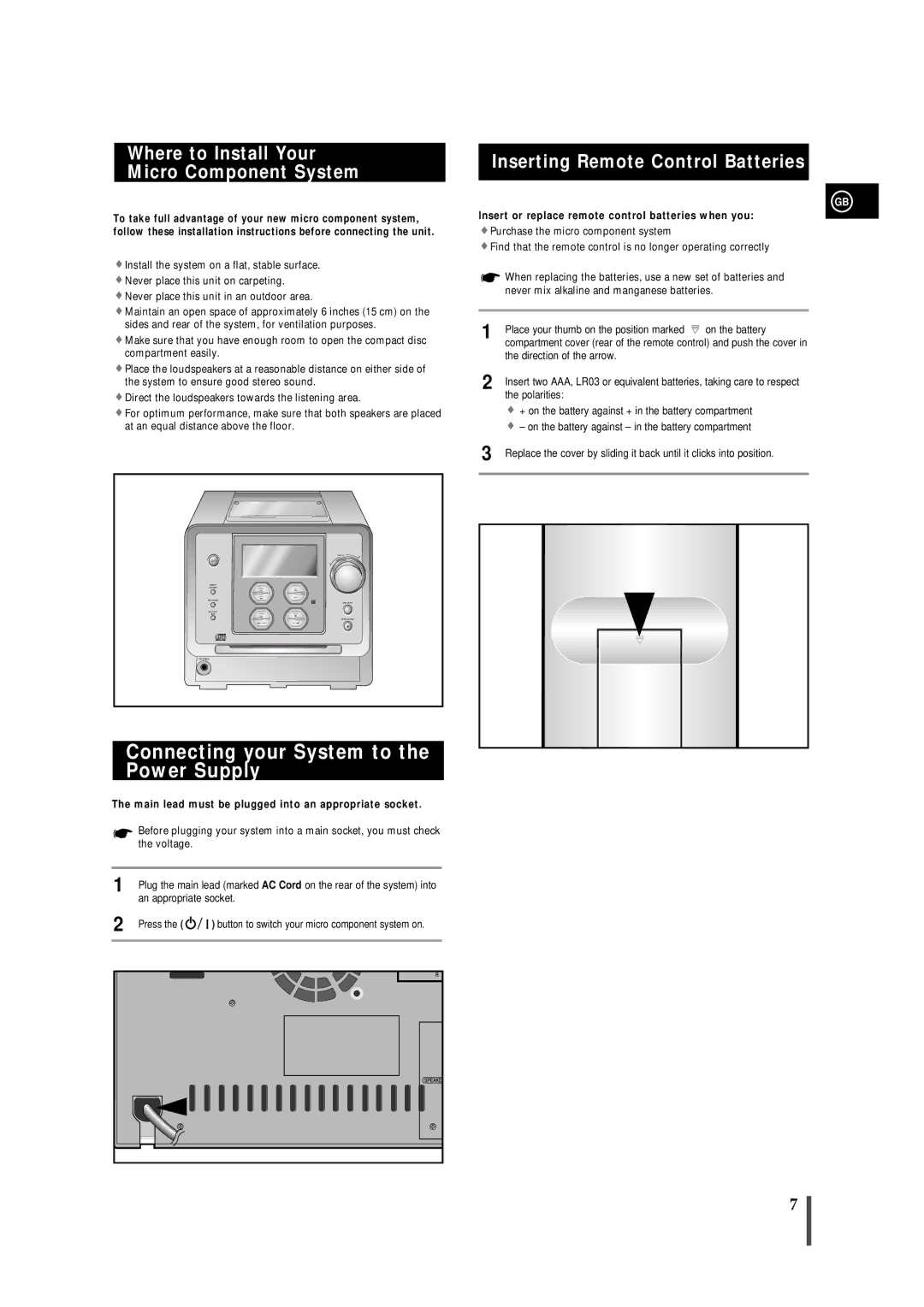 Samsung MMS8RH/ELS manual Connecting your System to the Power Supply, Where to Install Your Micro Component System 