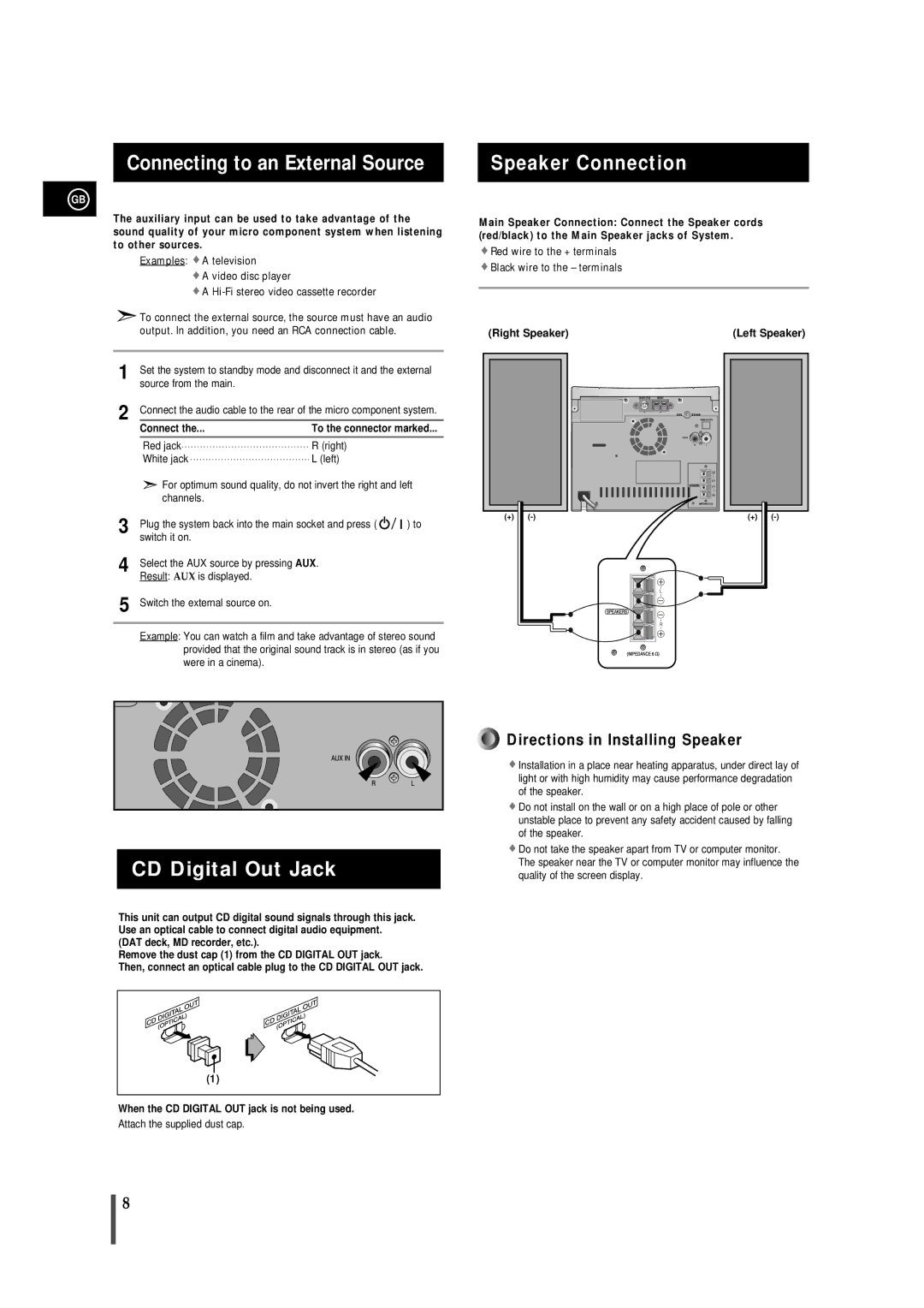 Samsung MMS8RH manual Connecting to an External Source Speaker Connection, CD Digital Out Jack, Right Speaker Left Speaker 