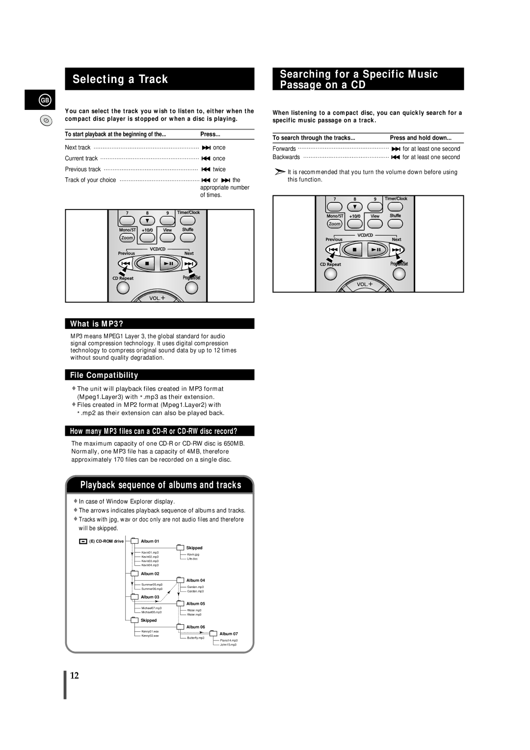 Samsung MMVB7FH/UMG, MM-VB7F/FAT Selecting a Track, Searching for a Specific Music Passage on a CD, Forwards, Backwards 