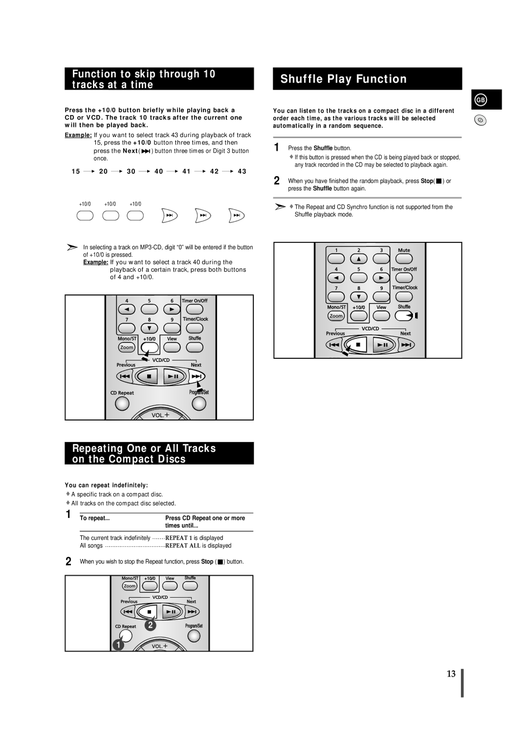 Samsung MM-VB7F/FAT manual Shuffle Play Function, Function to skip through 10 tracks at a time, To repeat, Times until 