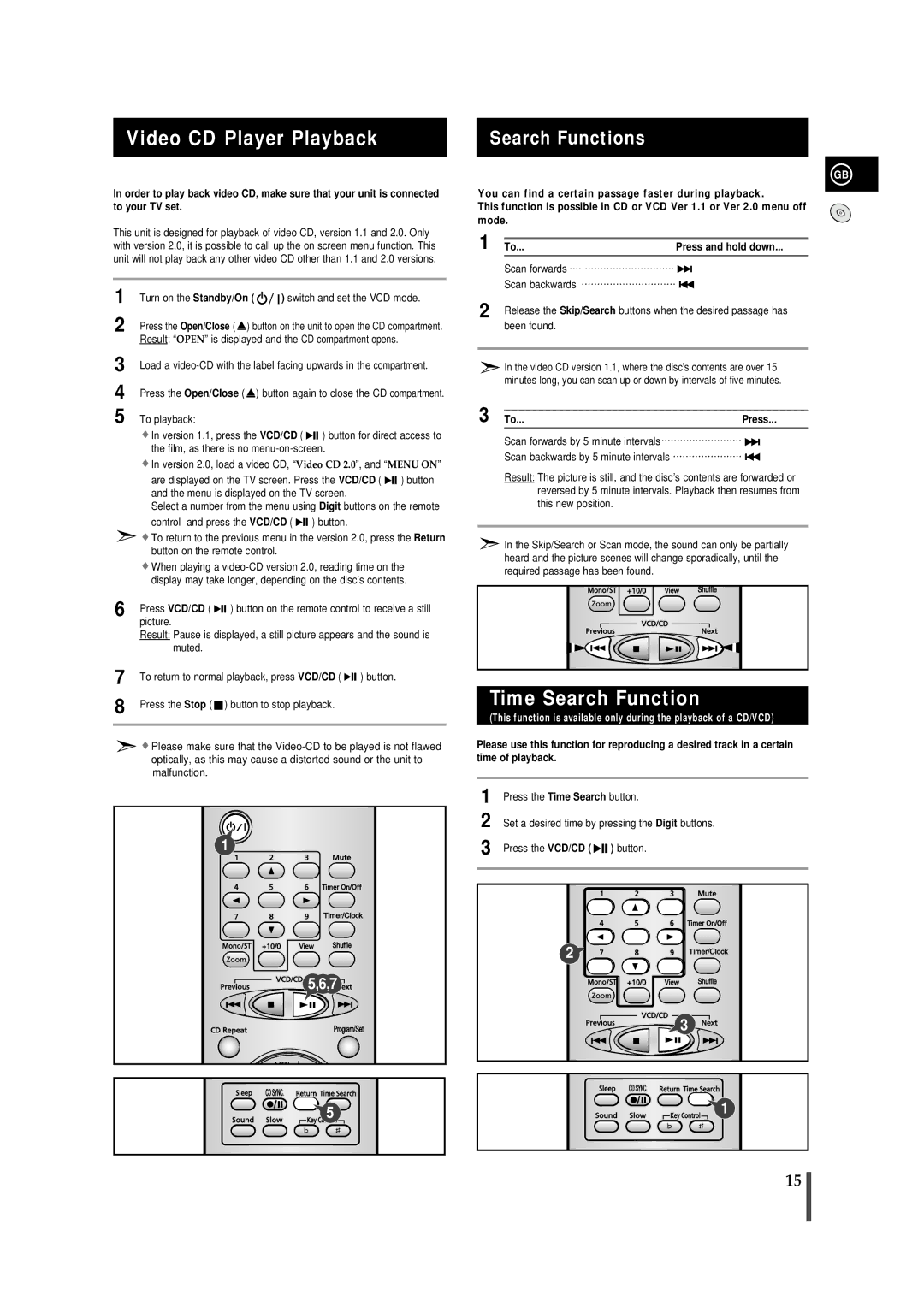 Samsung MMVB7FH/ZEN, MMVB7FH/UMG, MM-VB7F/FAT, MMVB7LH/FES Video CD Player Playback, Time Search Function, Search Functions 