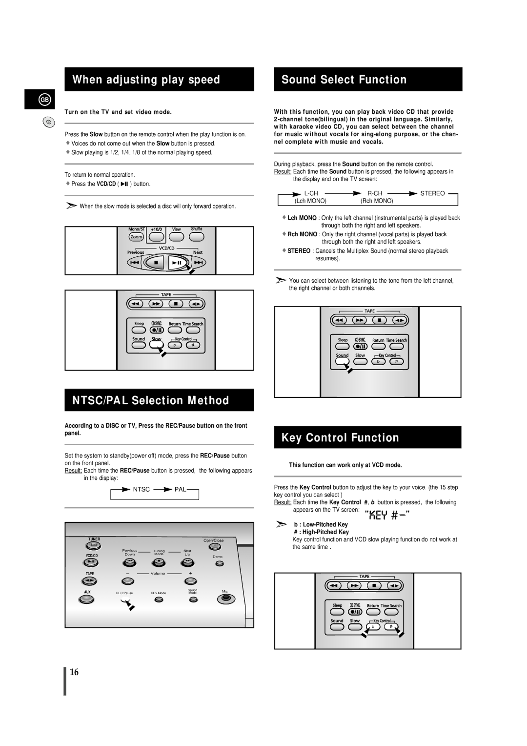 Samsung MMVB7TH/ESN When adjusting play speed, Sound Select Function, NTSC/PAL Selection Method, Key Control Function 