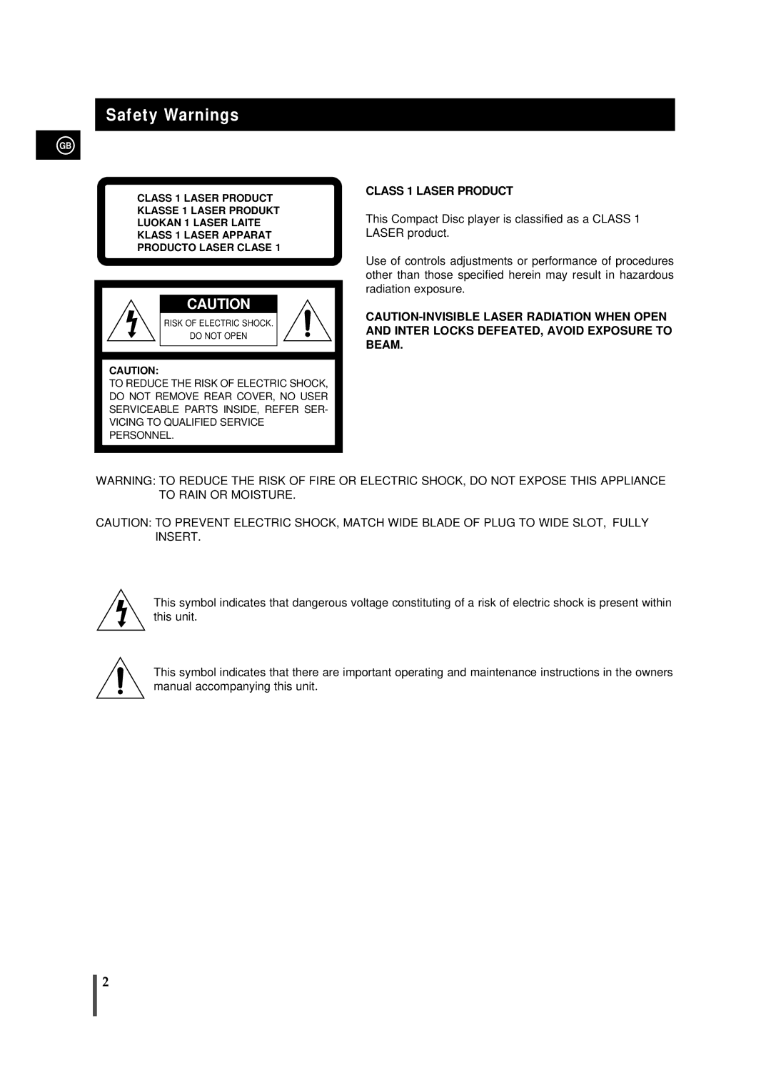 Samsung MMVB7LH/FES, MMVB7FH/UMG, MM-VB7F/FAT, MMVB7FH/ZEN, MMVB7TH/ESN, MMVB7LH/MON Safety Warnings, Class 1 Laser Product 