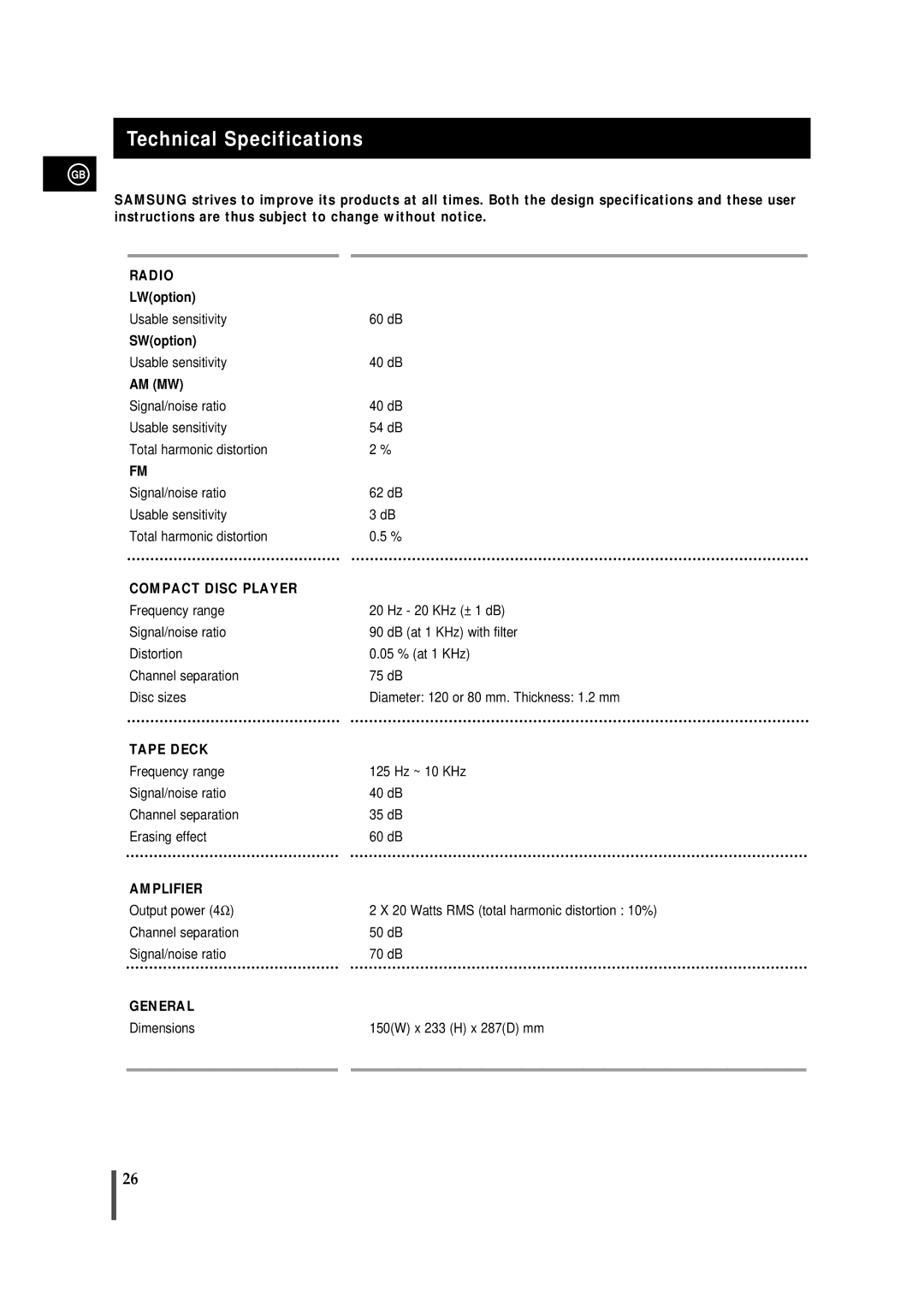 Samsung MMVB7LH/FES, MMVB7FH/UMG, MM-VB7F/FAT, MMVB7FH/ZEN, MMVB7TH/ESN, MMVB7LH/MON manual Technical Specifications, General 