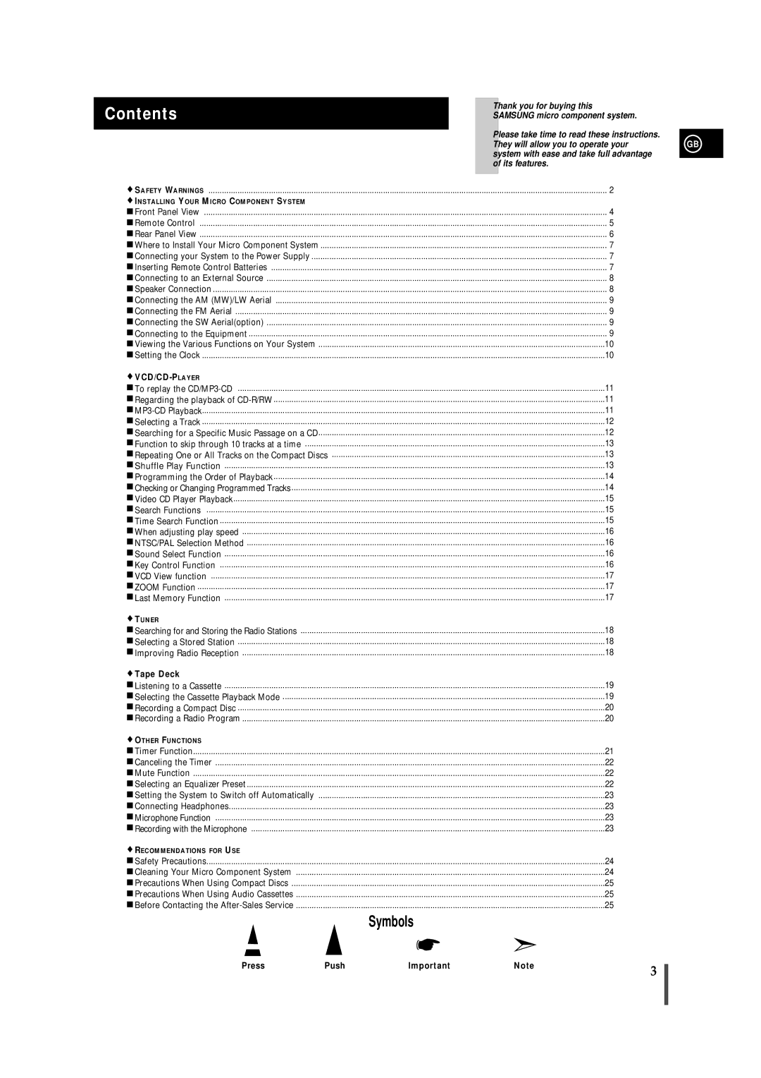 Samsung MMVB7FH/ZEN, MMVB7FH/UMG, MM-VB7F/FAT, MMVB7LH/FES, MMVB7TH/ESN, MMVB7LH/MON manual Contents 