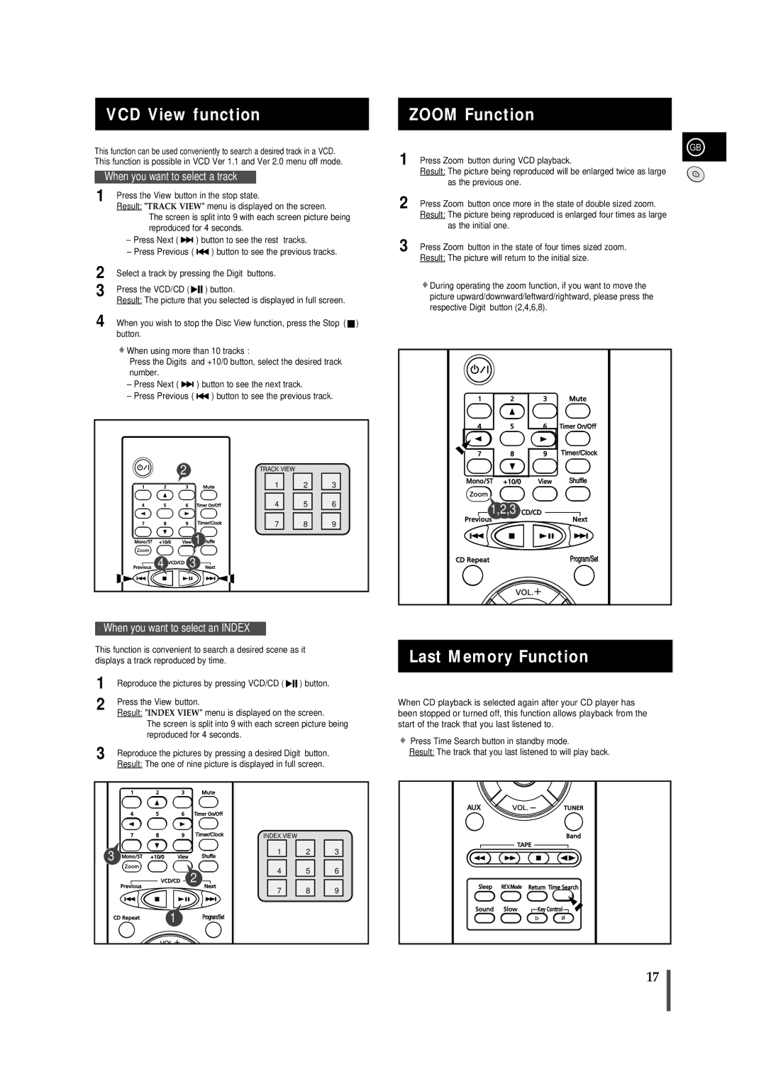 Samsung MMVB9FH/XSG, MMVB9FH/UMG VCD View function, Zoom Function, Last Memory Function, When using more than 10 tracks 