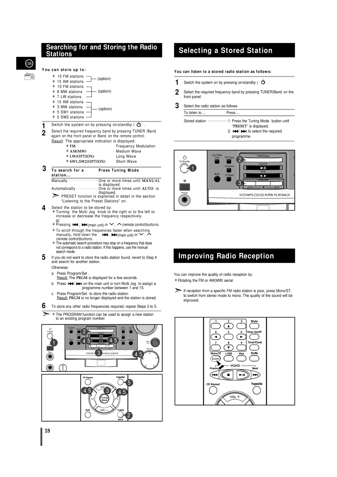 Samsung MMVB9FH/UMG Selecting a Stored Station, Improving Radio Reception, Searching for and Storing the Radio Stations 