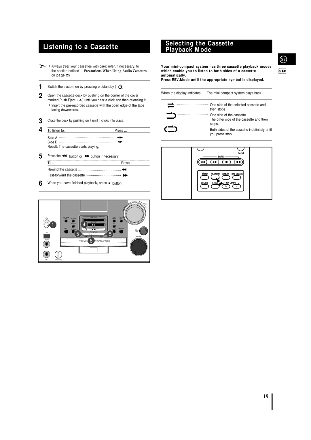 Samsung MMVB9FH/XSG, MMVB9FH/UMG manual Listening to a Cassette, Selecting the Cassette Playback Mode 