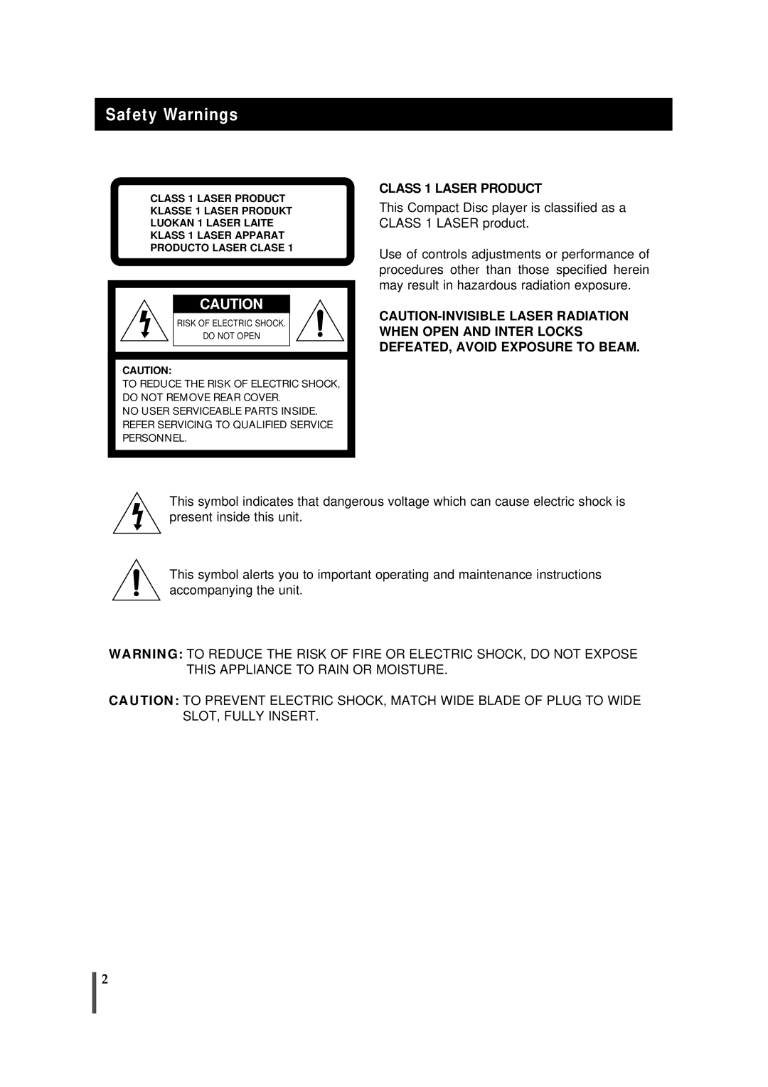 Samsung MMVB9FH/UMG, MMVB9FH/XSG manual Safety Warnings, Class 1 Laser Product 