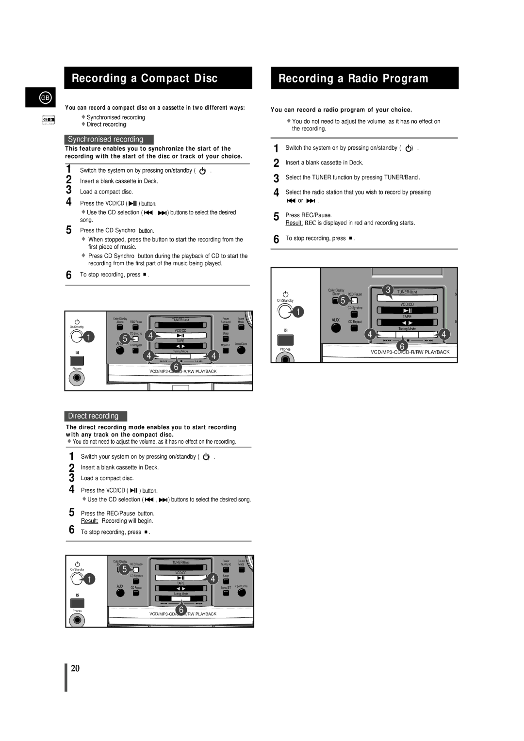 Samsung MMVB9FH/UMG manual Recording a Compact Disc, Insert a blank cassette in Deck, Load a compact disc, Press REC/Pause 