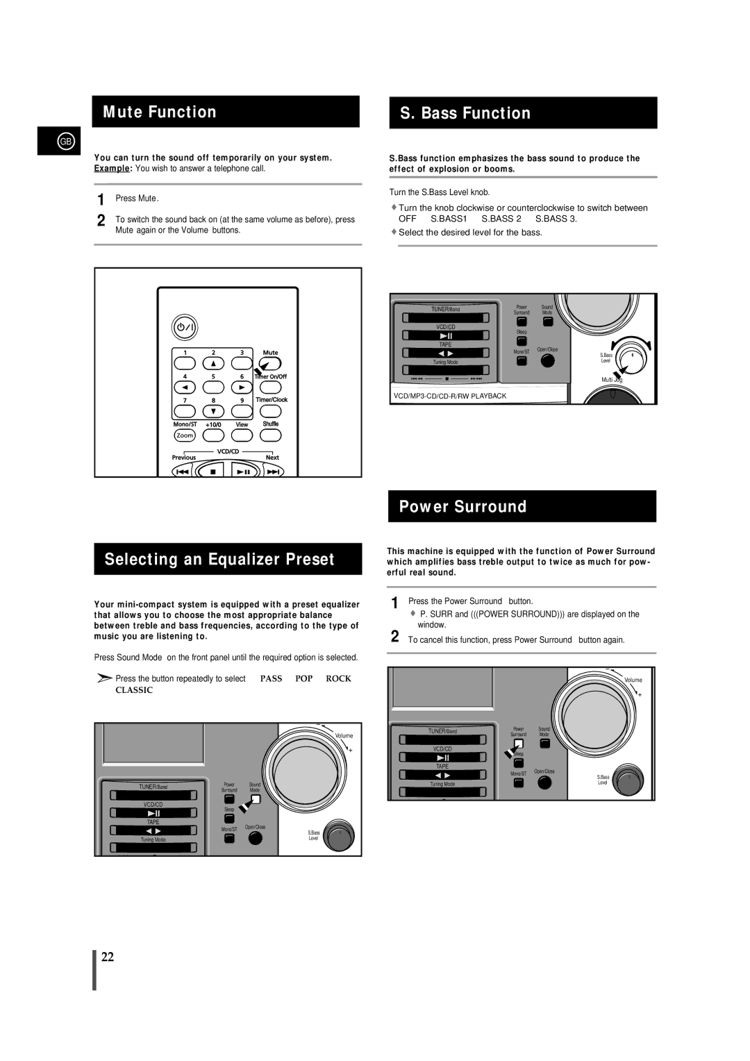 Samsung MMVB9FH/UMG, MMVB9FH/XSG Mute Function Bass Function, Selecting an Equalizer Preset, Power Surround, Press Mute 