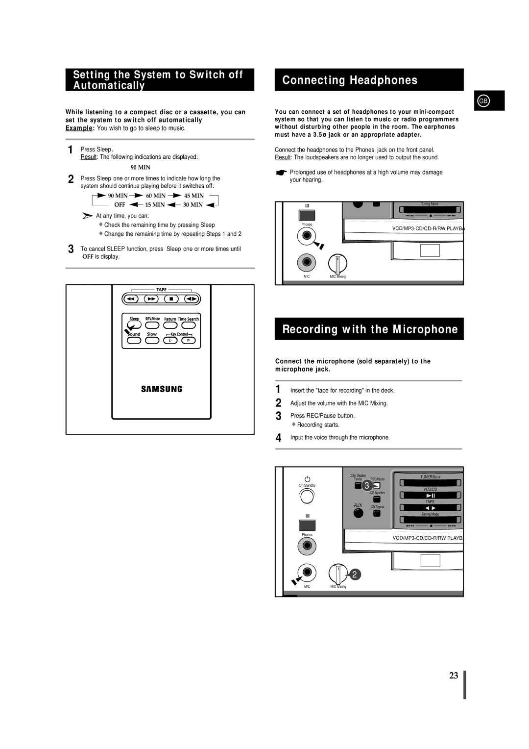 Samsung MMVB9FH/XSG Connecting Headphones, Recording with the Microphone, Setting the System to Switch off Automatically 