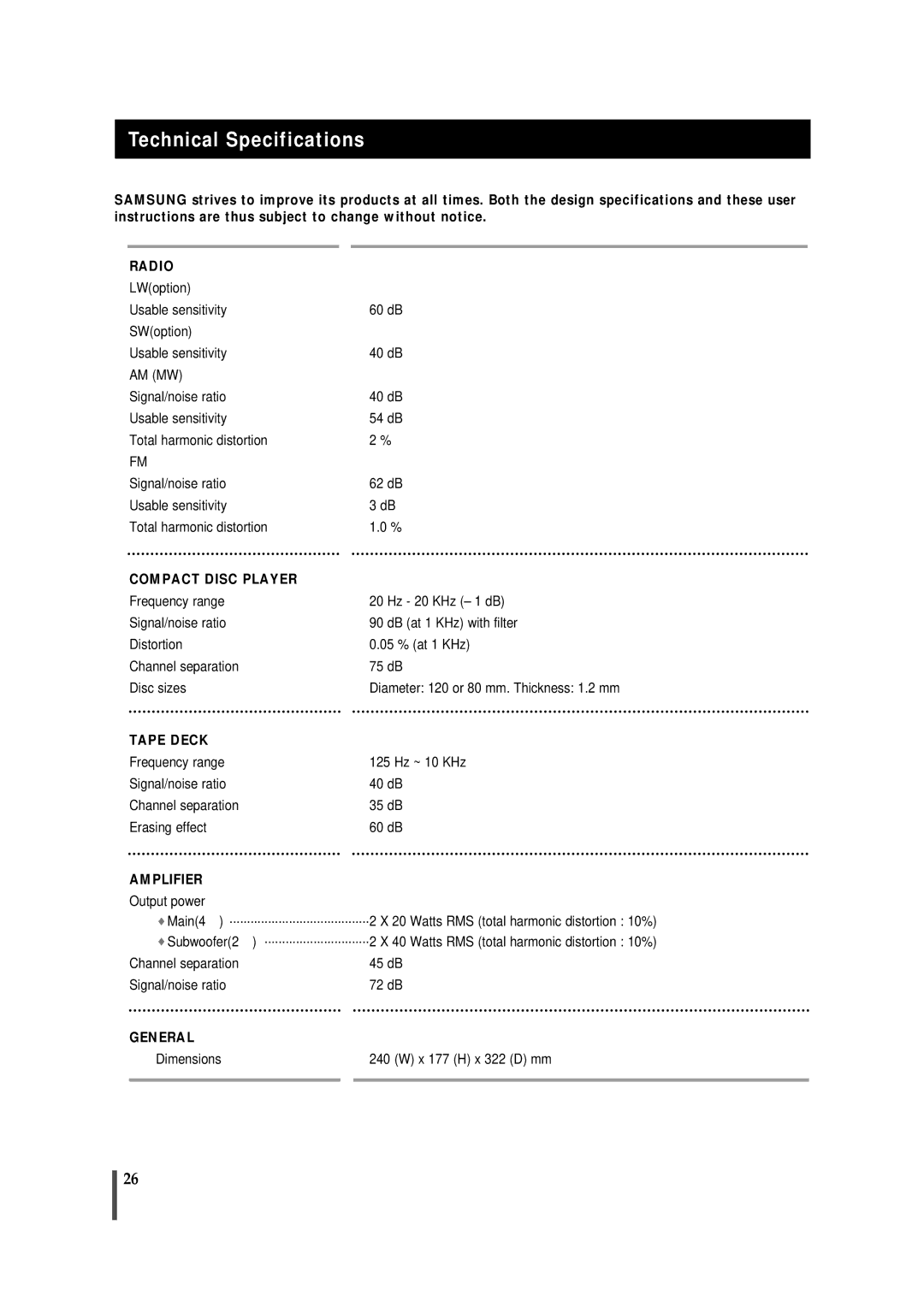 Samsung MMVB9FH/UMG, MMVB9FH/XSG manual Technical Specifications, Compact Disc Player 