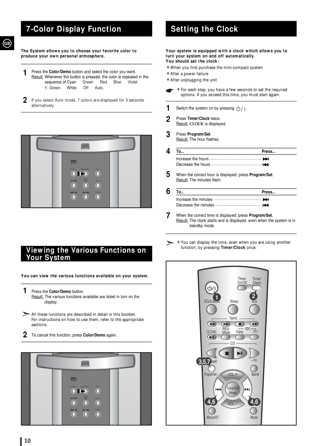 Samsung MMZ100QH/XFO Color Display Function Setting the Clock, Viewing the Various Functions on Your System, To...Press 