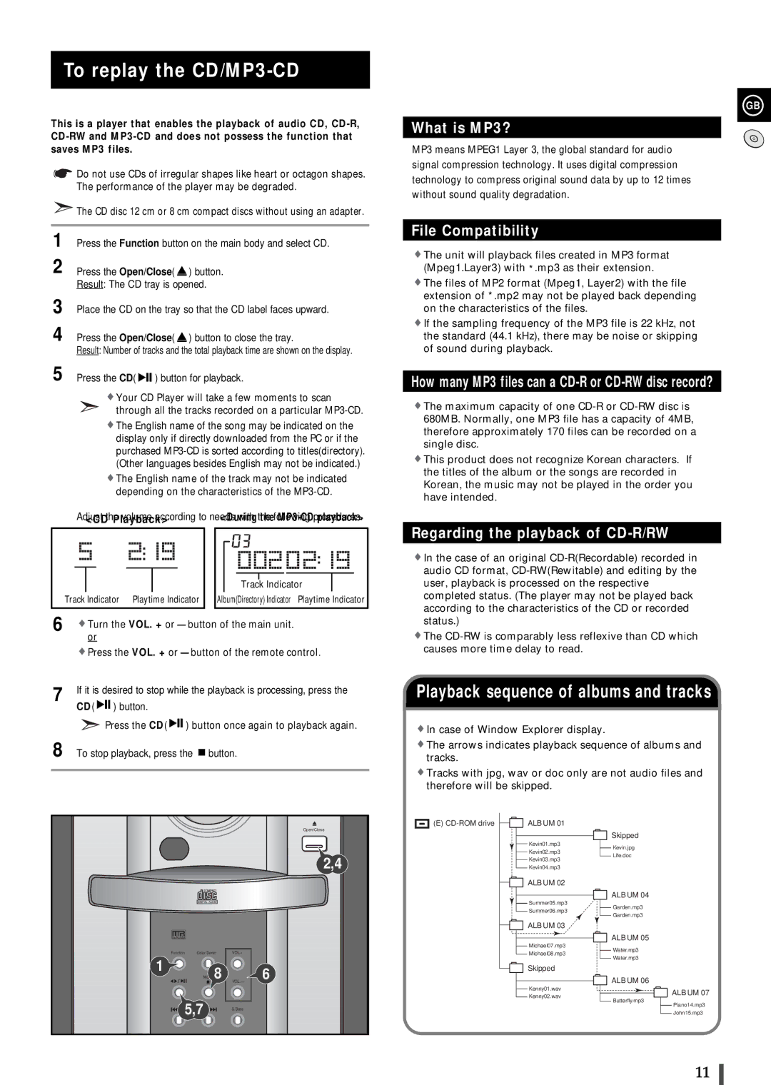 Samsung MMZ100RH/ELS, MMZ100QH/XFO manual To replay the CD/MP3-CD, Playback sequence of albums and tracks 