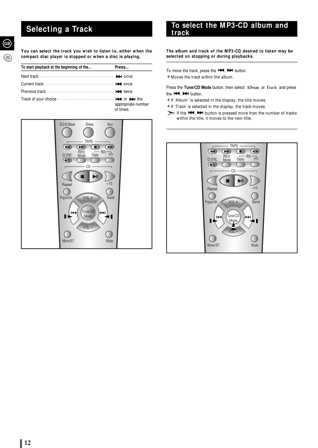 Samsung MMZ100QH/XFO, MMZ100RH/ELS manual Selecting a Track, To select the MP3-CD album and track 