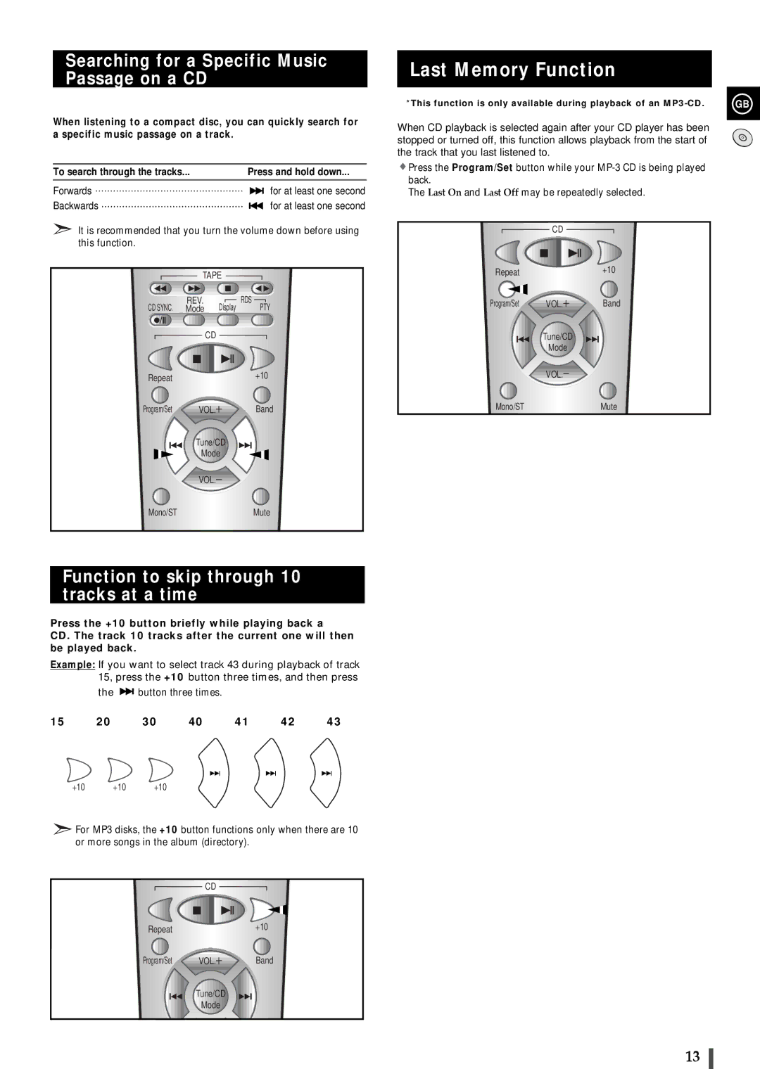 Samsung MMZ100RH/ELS, MMZ100QH/XFO manual Last Memory Function, Searching for a Specific Music Passage on a CD 