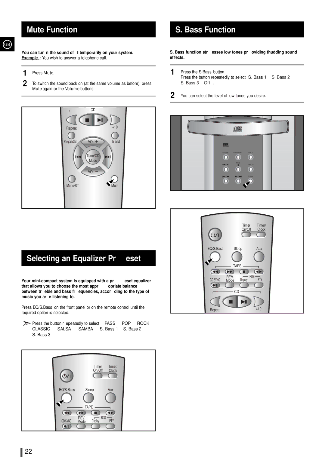 Samsung MMZ100QH/XFO, MMZ100RH/ELS manual Mute Function Bass Function, Selecting an Equalizer Preset, Bass 3 OffÓ 