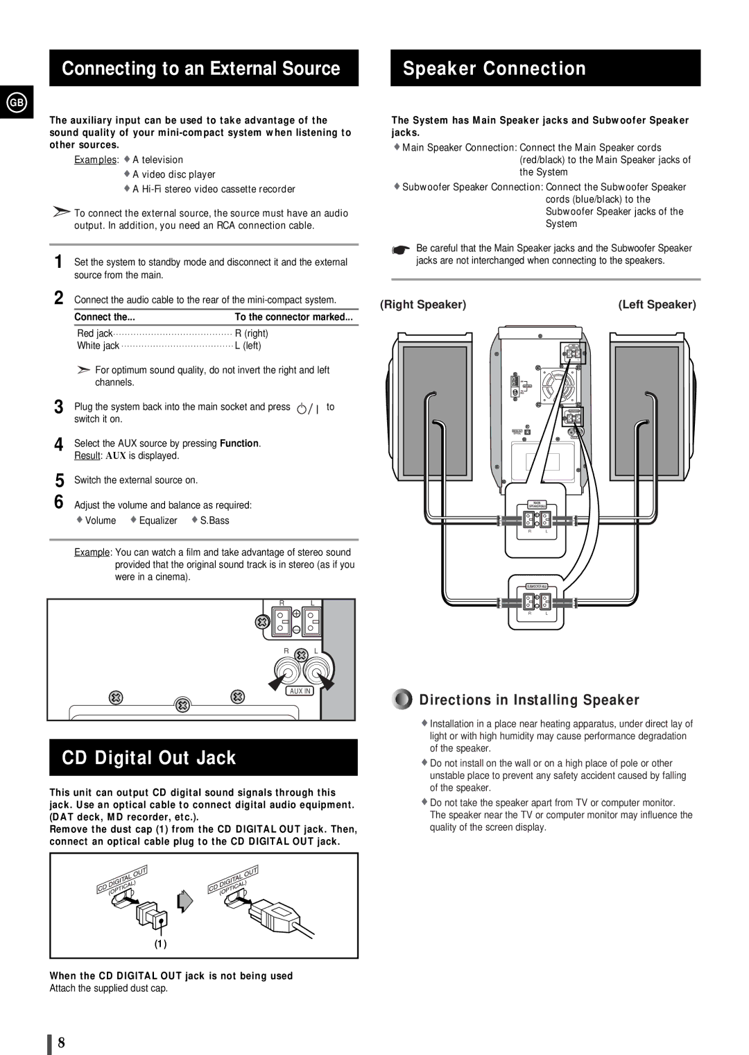 Samsung MMZ100QH/XFO, MMZ100RH/ELS manual Connecting to an External Source, Speaker Connection, CD Digital Out Jack 