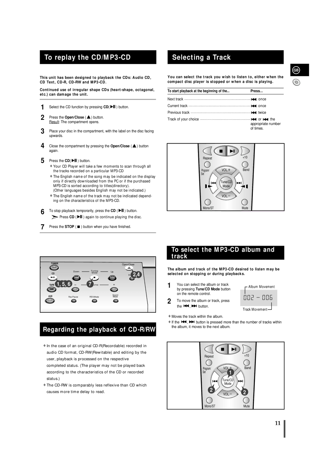 Samsung MMZB7TH/SAM, MMZB7RH/ELS To replay the CD/MP3-CD, Selecting a Track, Regarding the playback of CD-R/RW, Tune/CD 