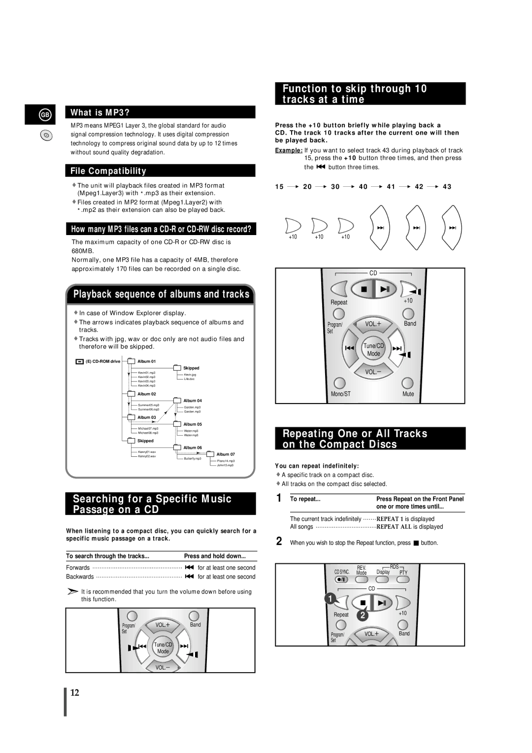 Samsung MMZB7RH/ELS manual Function to skip through 10 tracks at a time, Repeating One or All Tracks on the Compact Discs 