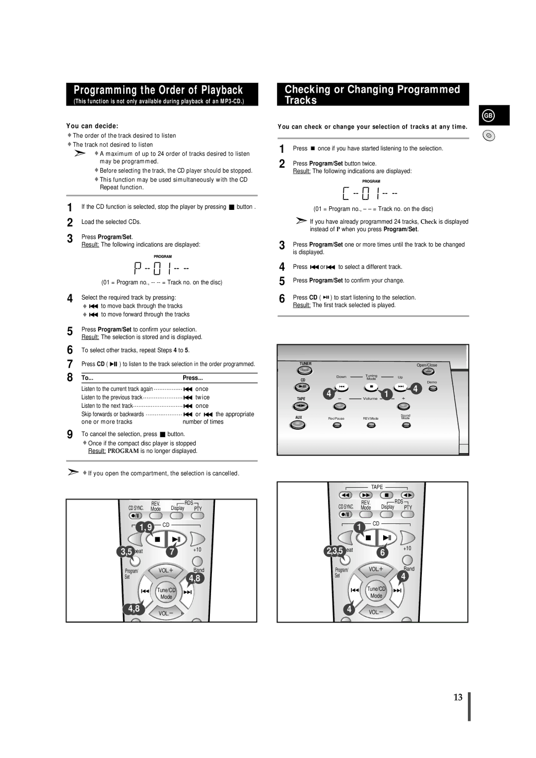 Samsung MMZB7TH/SAM, MMZB7RH/ELS manual Programming the Order of Playback, Checking or Changing Programmed Tracks 