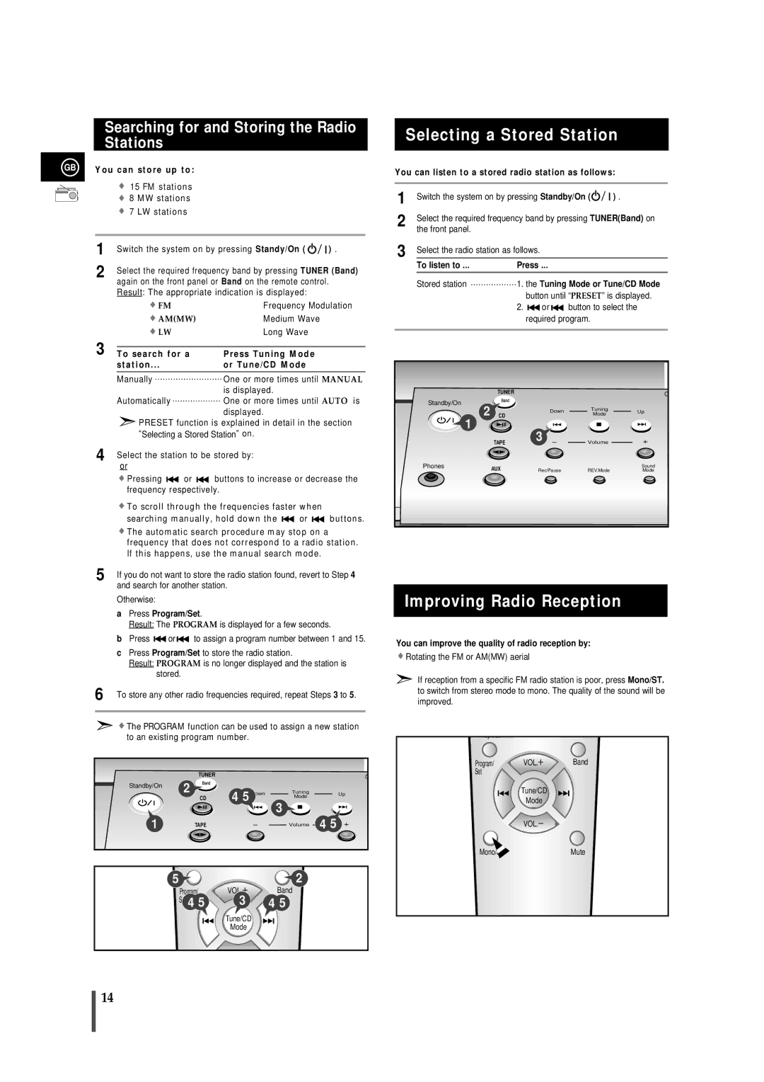 Samsung MMZB7RH/ELS Selecting a Stored Station, Improving Radio Reception, Searching for and Storing the Radio Stations 