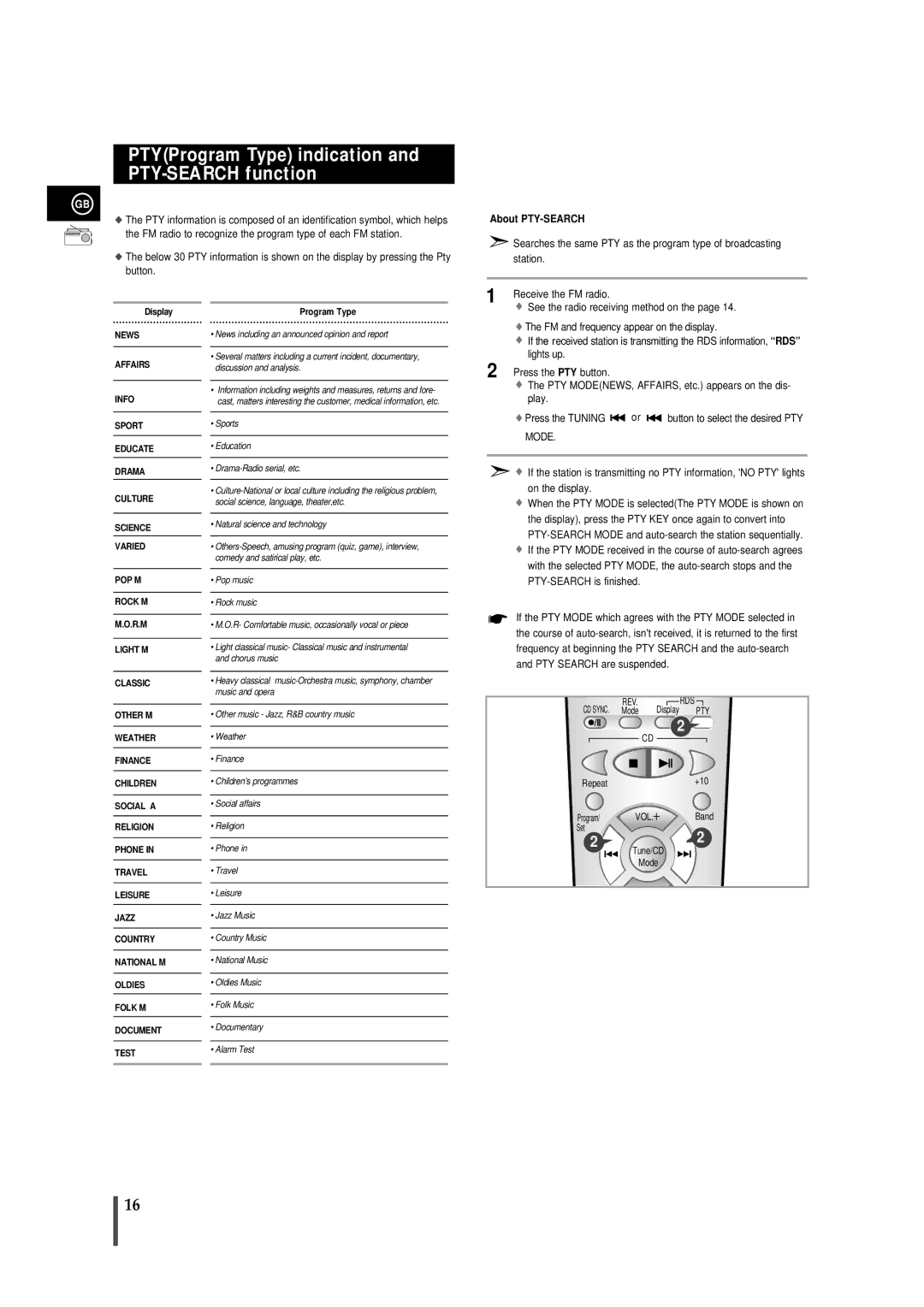 Samsung MMZB7RH/ELS, MMZB7TH/SAM manual PTYProgram Type indication and PTY-SEARCH function, About PTY-SEARCH 