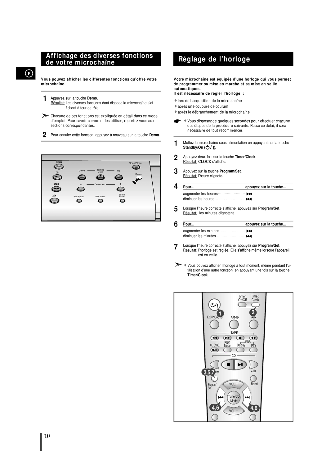 Samsung MMZB7RH/ELS manual Réglage de l’horloge, Affichage des diverses fonctions de votre microchaîne, Timer/Clock 