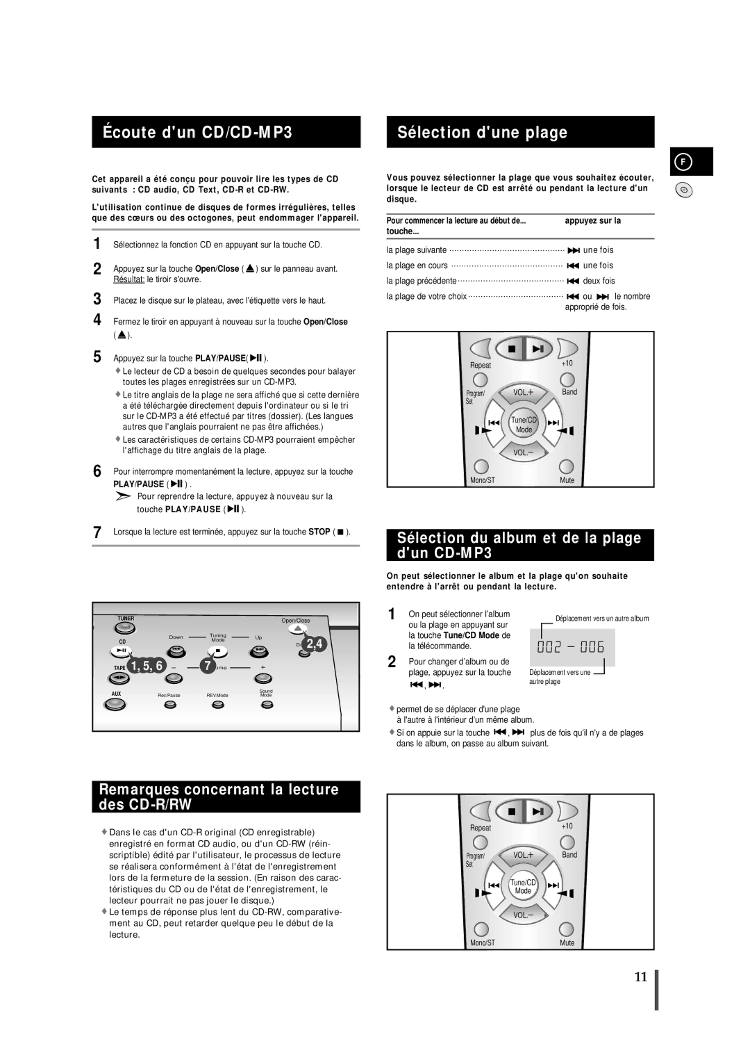 Samsung MMZB7RH/ELS manual Écoute dun CD/CD-MP3, Sélection dune plage, Sélection du album et de la plage dun CD-MP3 