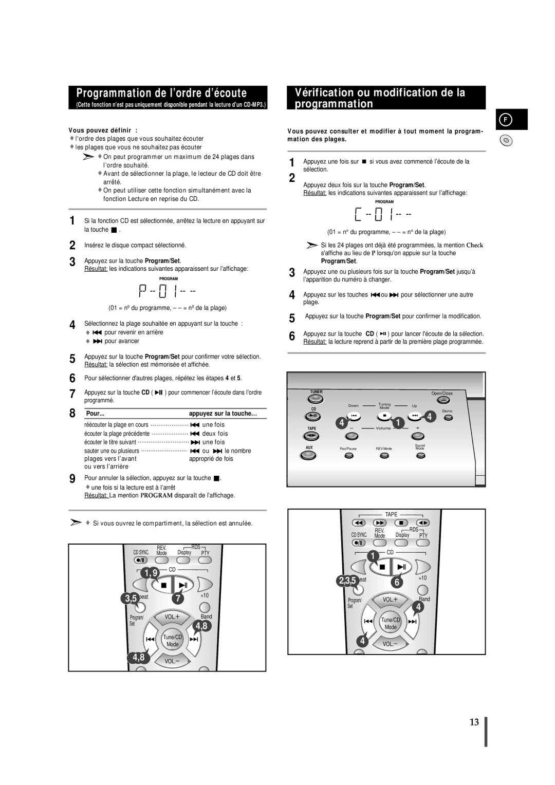 Samsung MMZB7RH/ELS manual Programmation de l’ordre d’écoute, Vérification ou modification de la programmation, Pour 