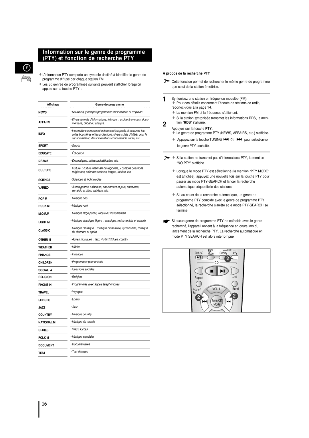 Samsung MMZB7RH/ELS manual Propos de la recherche PTY, Tion RDS sallume 