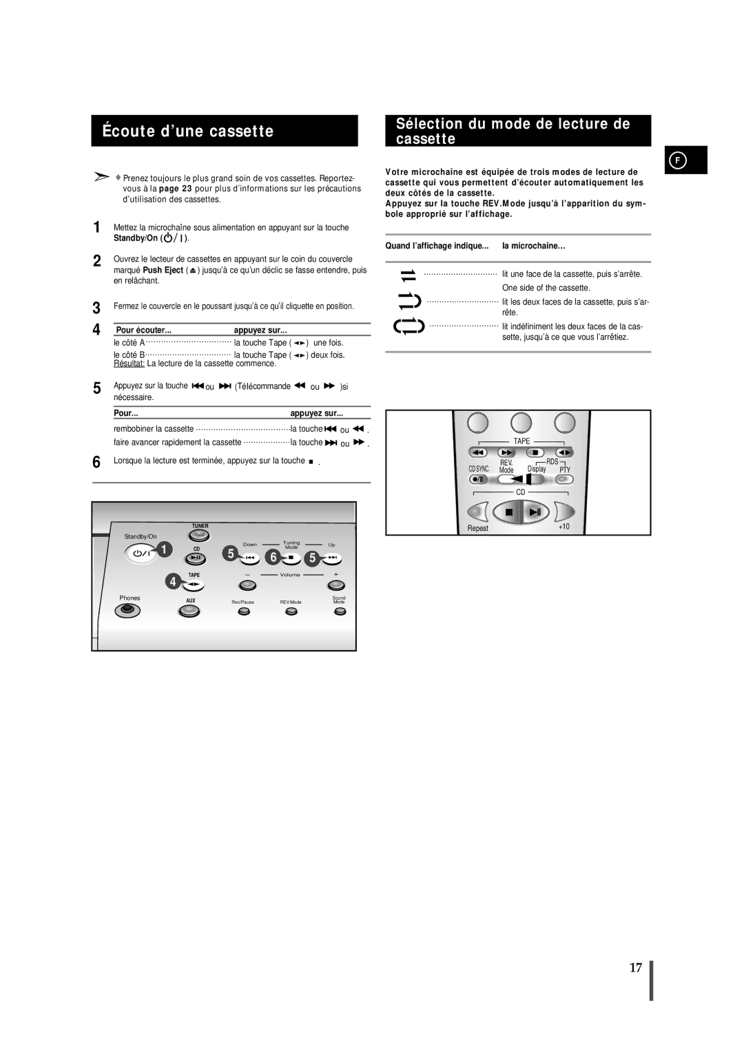 Samsung MMZB7RH/ELS manual Écoute d’une cassette, Sélection du mode de lecture de cassette, Pour Appuyez sur 