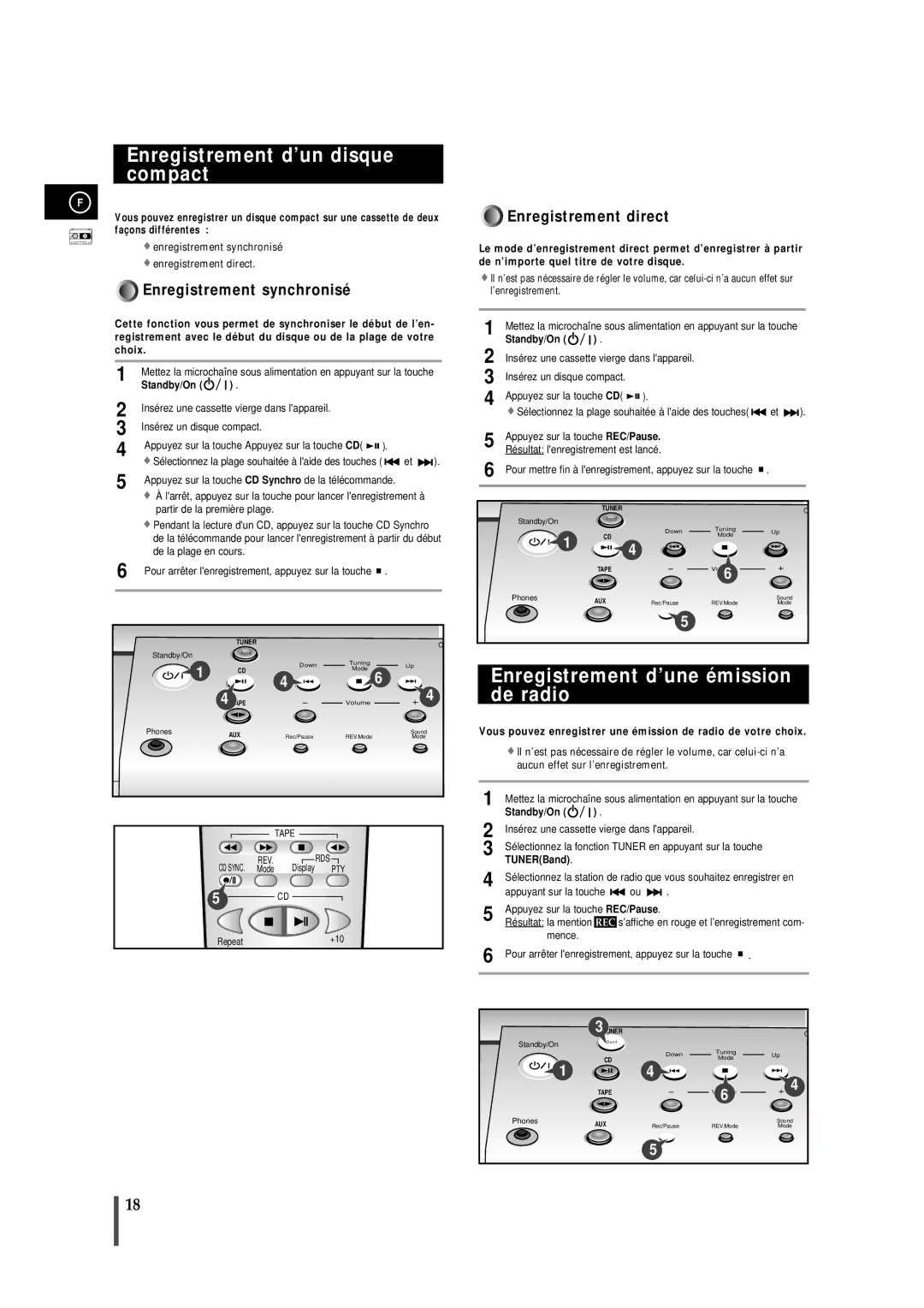 Samsung MMZB7RH/ELS manual Enregistrement d’un disque compact, Enregistrement d’une émission de radio, TUNERBand 