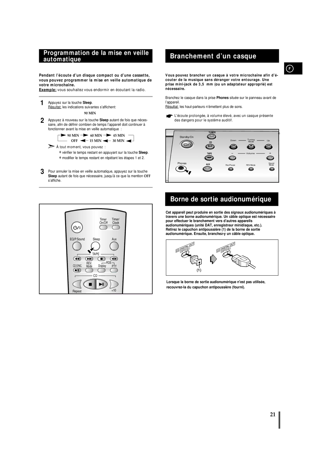 Samsung MMZB7RH/ELS manual Branchement d’un casque, Borne de sortie audionumérique, Sleep Aux 