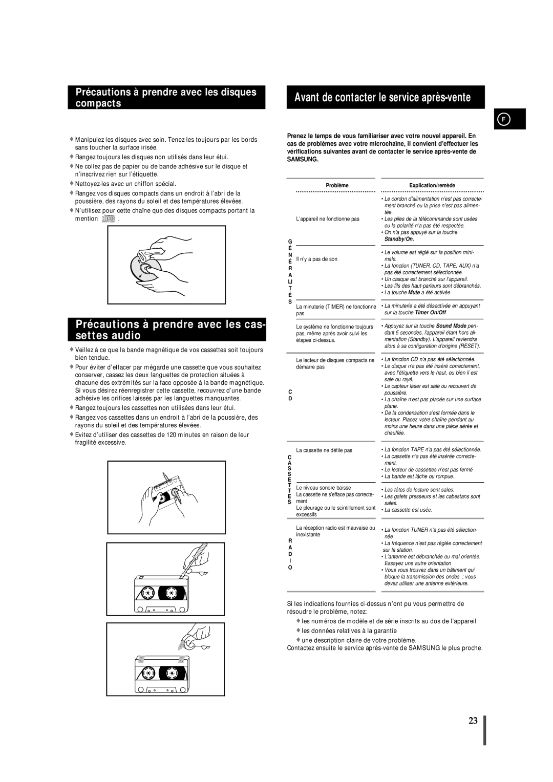 Samsung MMZB7RH/ELS manual Avant de contacter le service après-vente, Précautions à prendre avec les cas- settes audio 