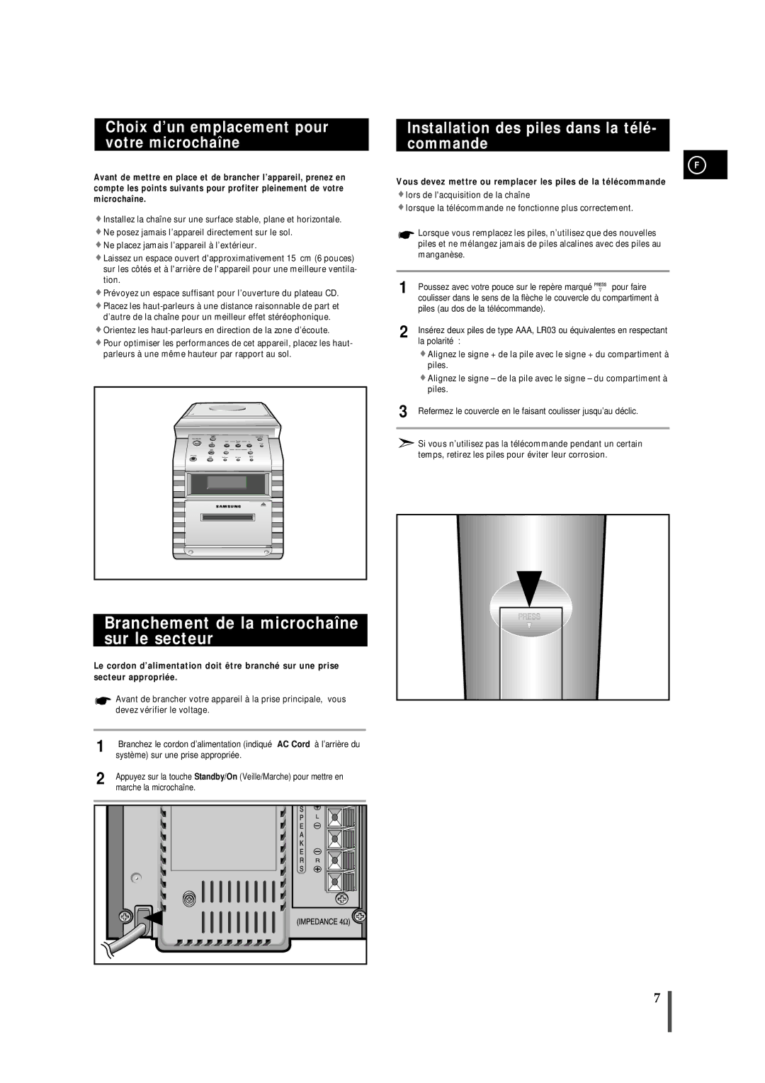 Samsung MMZB7RH/ELS manual Branchement de la microchaîne sur le secteur, Choix d’un emplacement pour votre microchaîne 