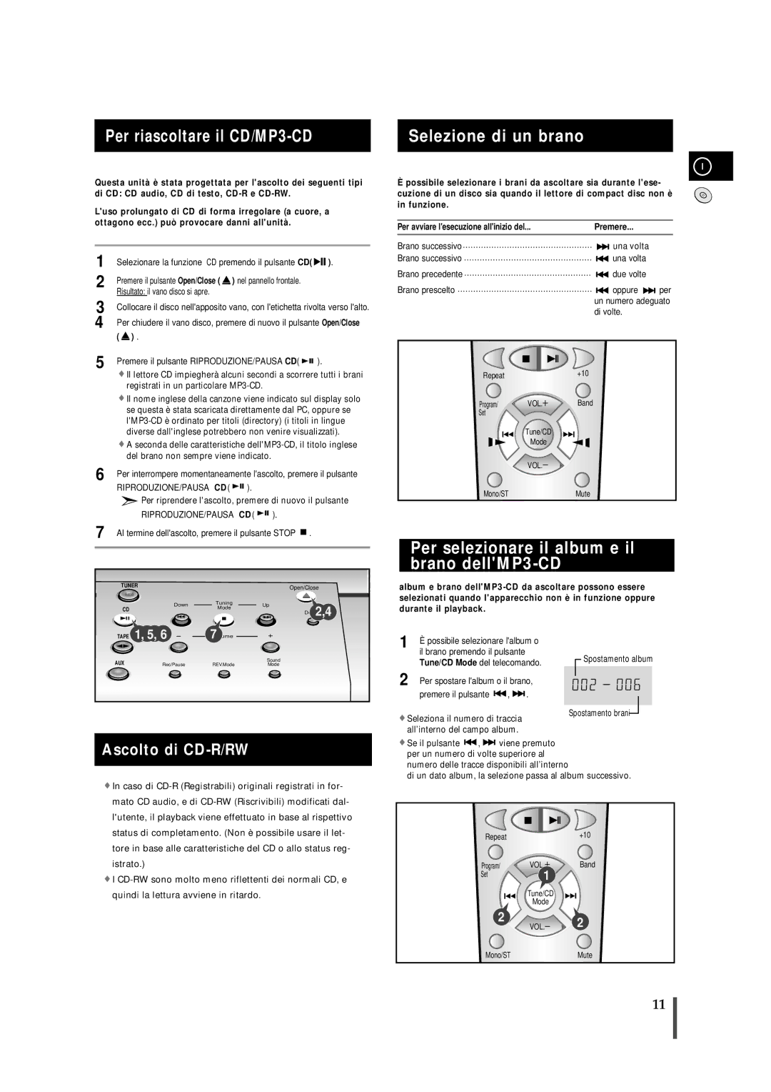 Samsung MMZB7RH/ELS Per riascoltare il CD/MP3-CD Selezione di un brano, Per selezionare il album e il brano dellMP3-CD 