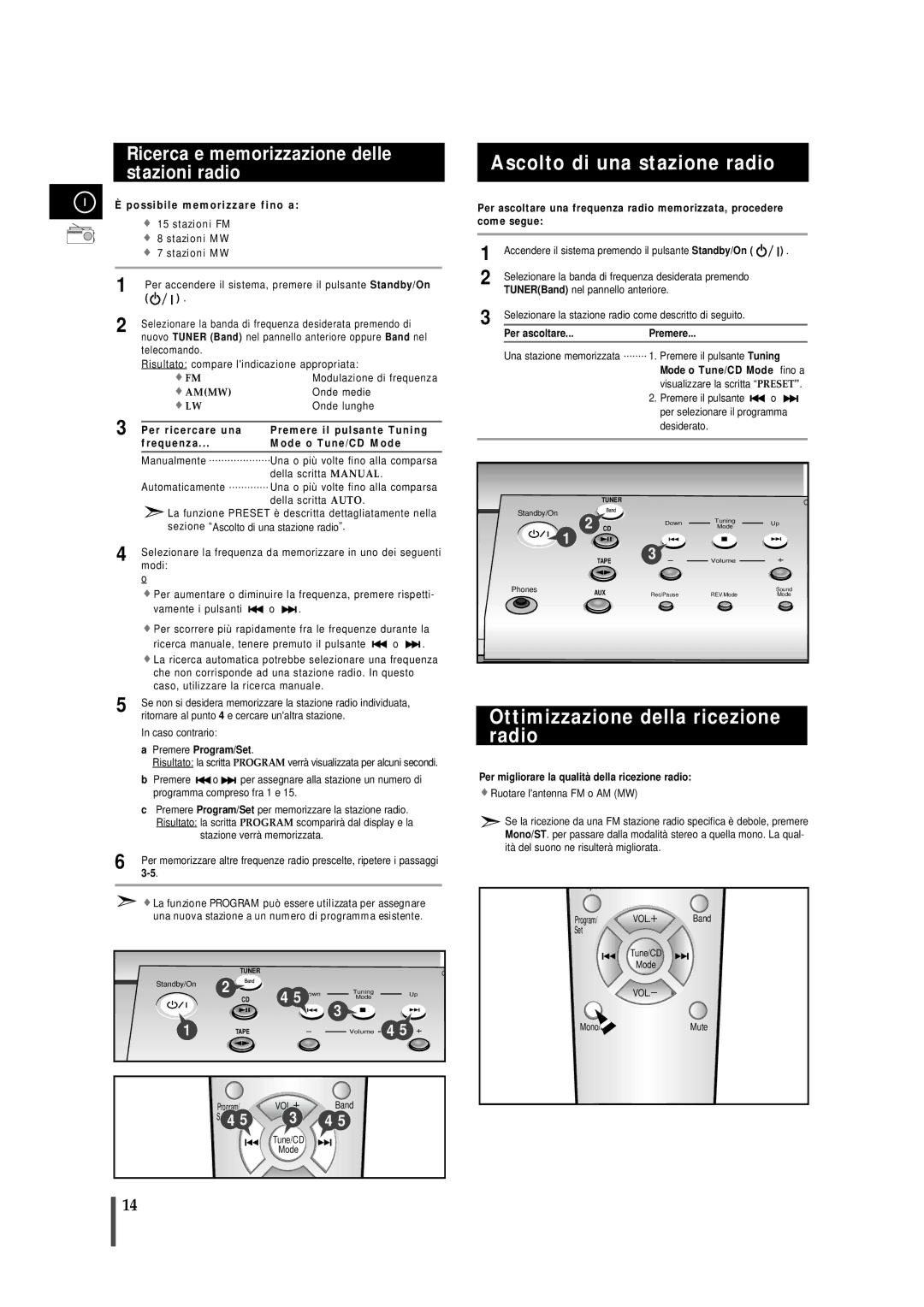 Samsung MMZB7RH/ELS manual Ascolto di una stazione radio, Ottimizzazione della ricezione radio 