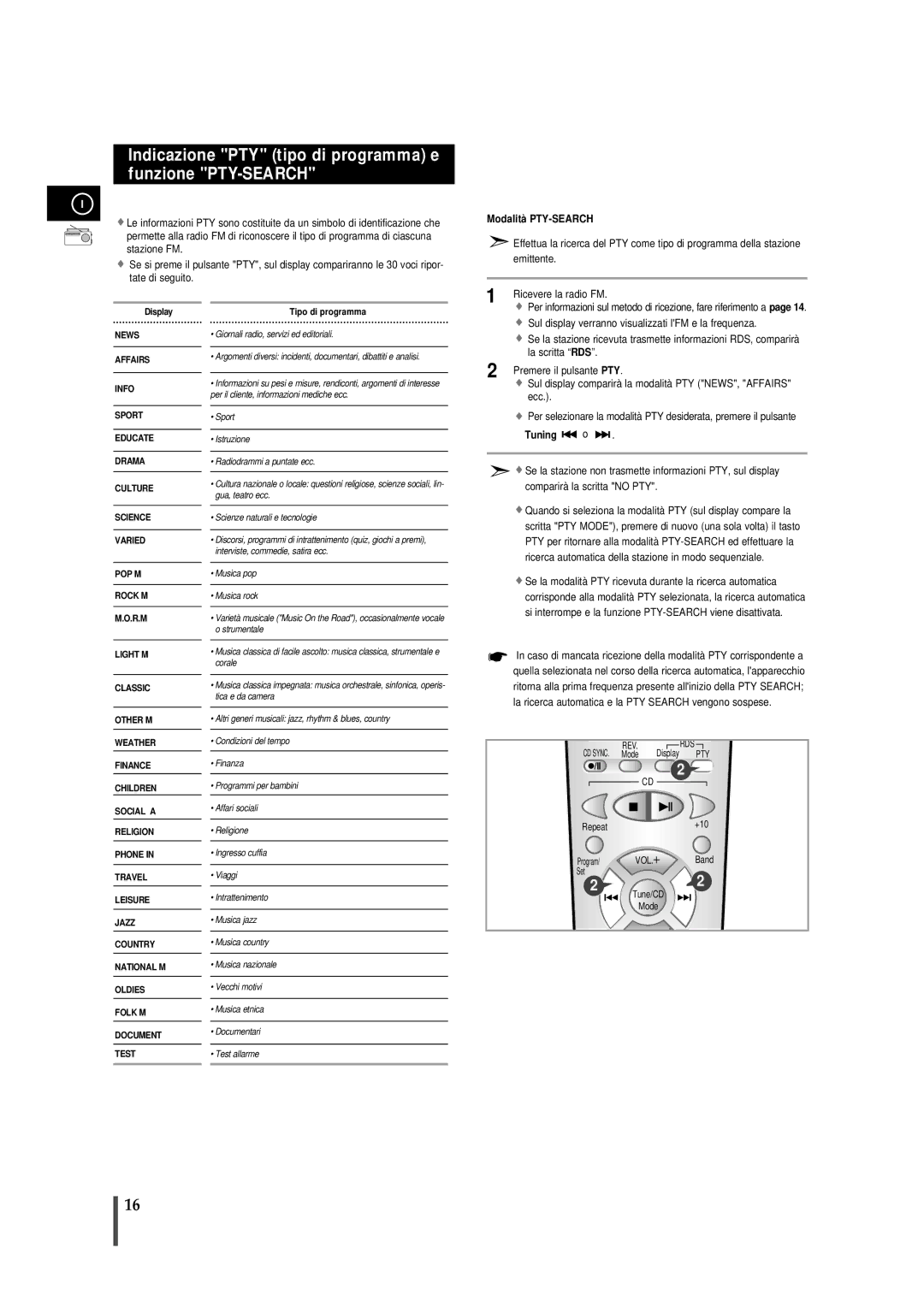 Samsung MMZB7RH/ELS manual Modalità PTY-SEARCH, Sul display verranno visualizzati lFM e la frequenza, Ecc 