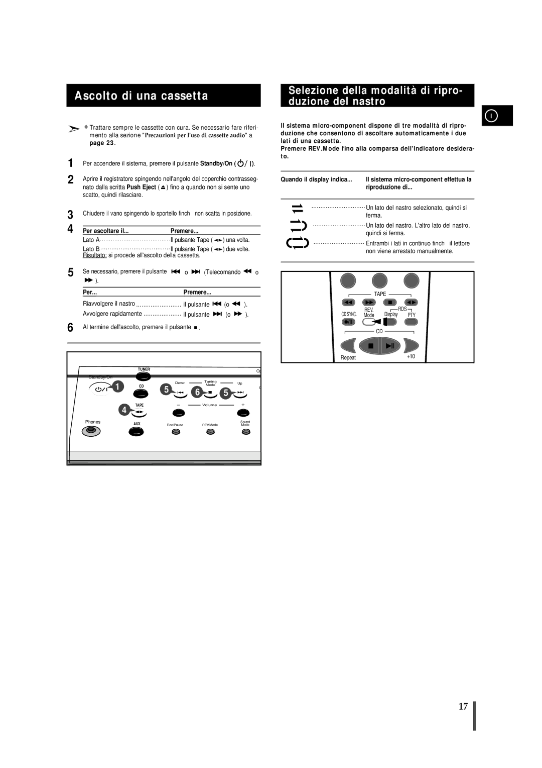 Samsung MMZB7RH/ELS manual Ascolto di una cassetta, Selezione della modalità di ripro- duzione del nastro, Riproduzione di 