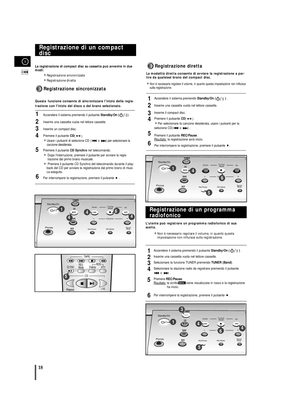 Samsung MMZB7RH/ELS manual Registrazione di un compact disc, Registrazione di un programma radiofonico, Repeat+10 