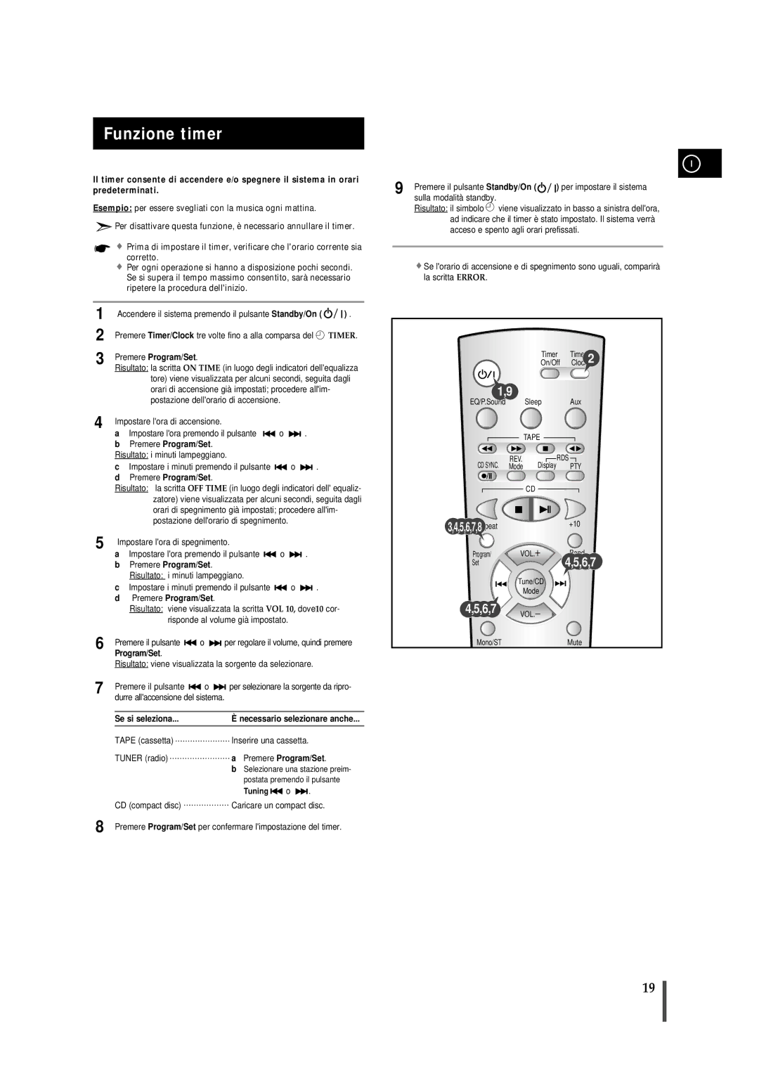 Samsung MMZB7RH/ELS manual Funzione timer, Program/Set, Se si seleziona 