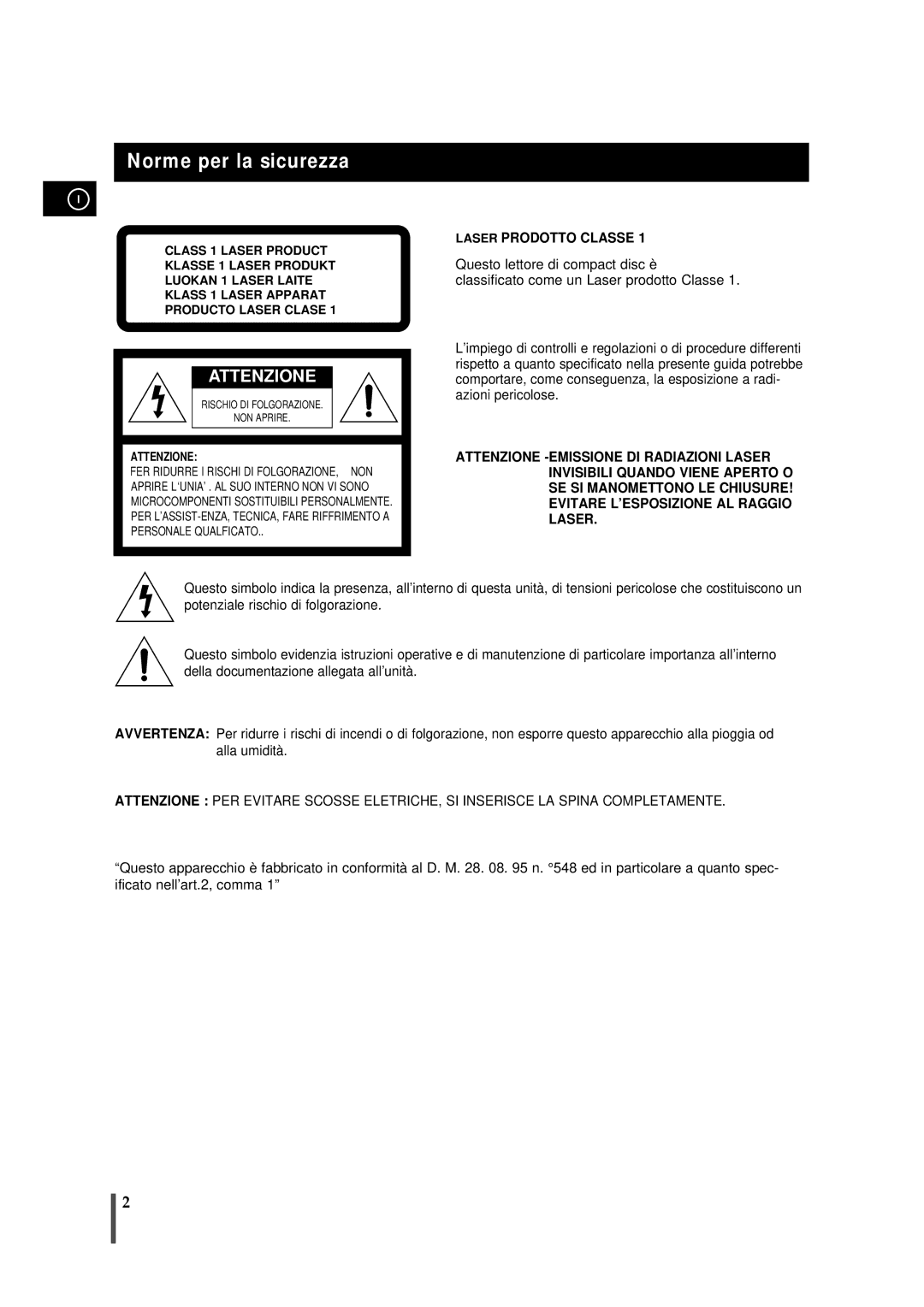 Samsung MMZB7RH/ELS manual Norme per la sicurezza, Laser Prodotto Classe 