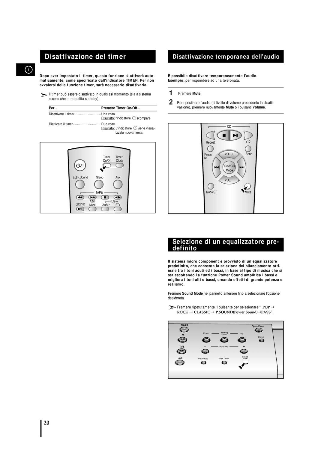 Samsung MMZB7RH/ELS manual Disattivazione del timer, Selezione di un equalizzatore pre- definito, Per Premere Timer On/Off 