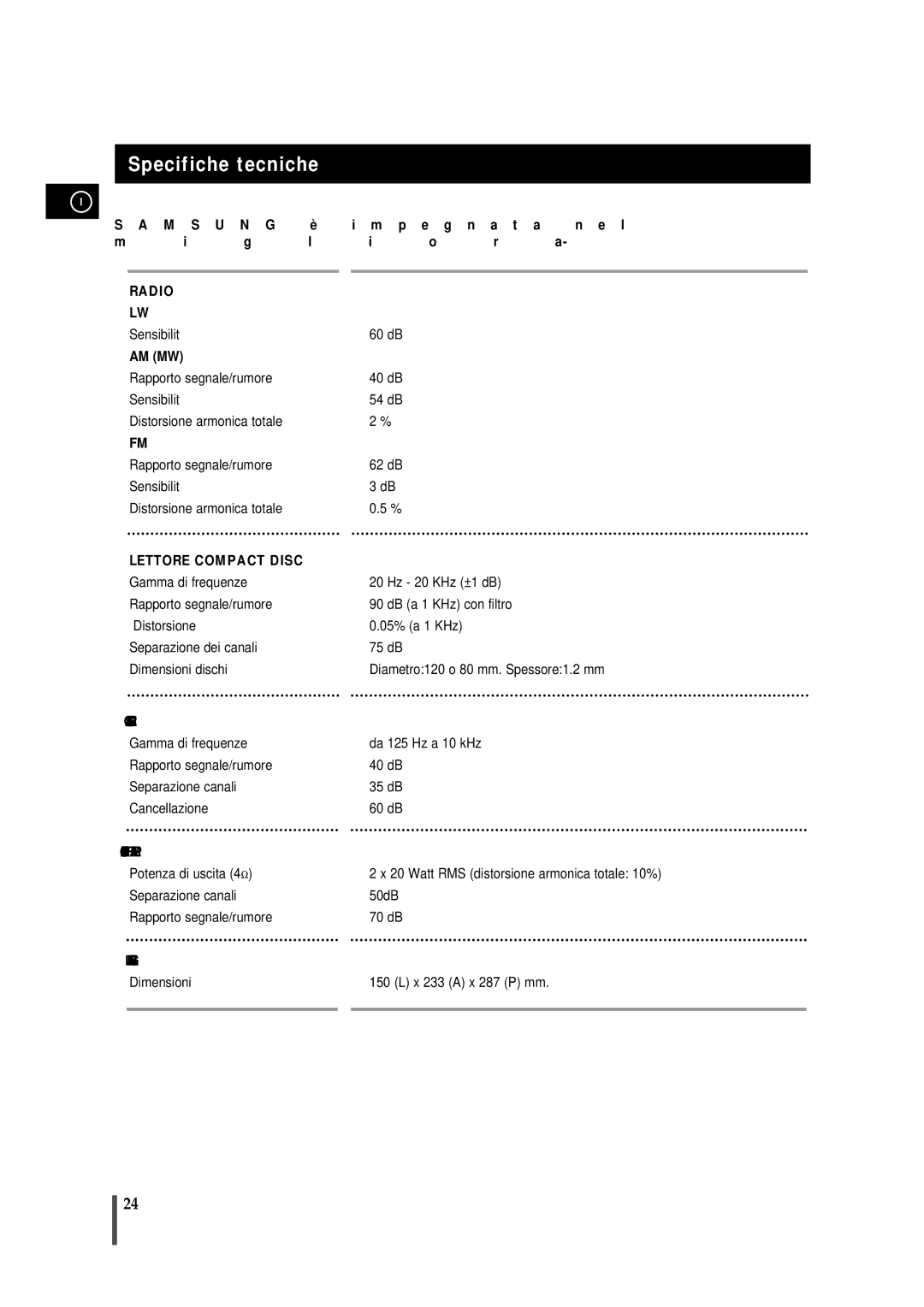 Samsung MMZB7RH/ELS manual Specifiche tecniche, Lettore Compact Disc 