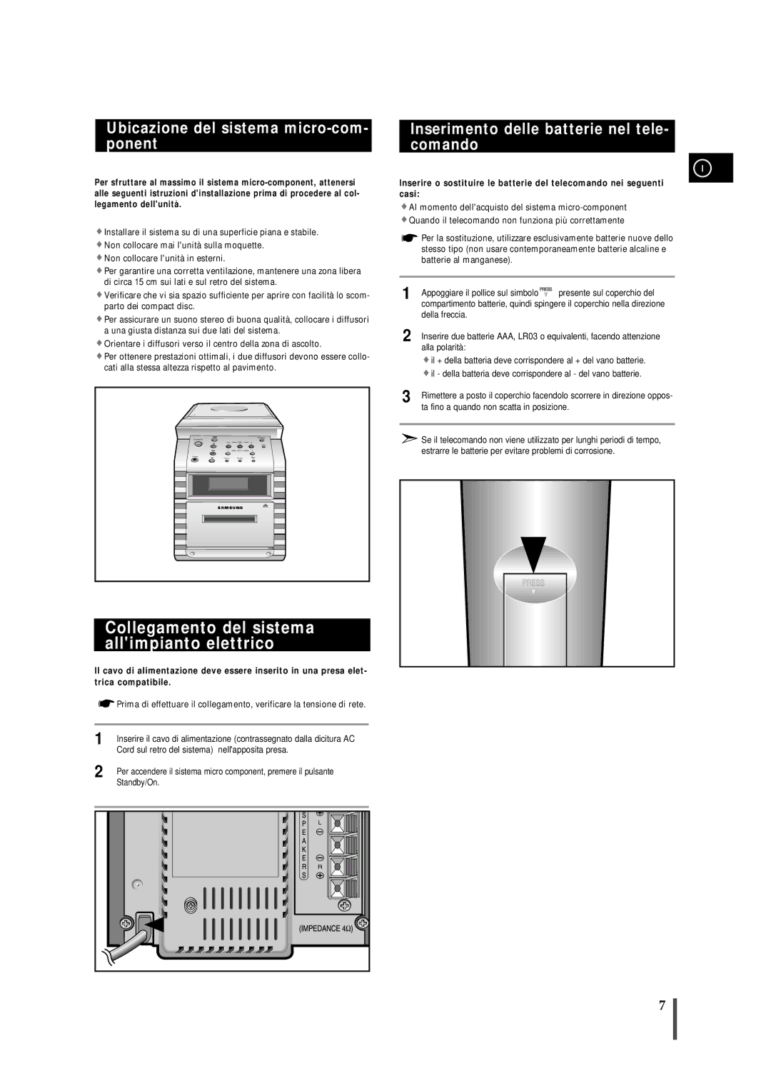 Samsung MMZB7RH/ELS manual Collegamento del sistema allimpianto elettrico, Ubicazione del sistema micro-com- ponent 