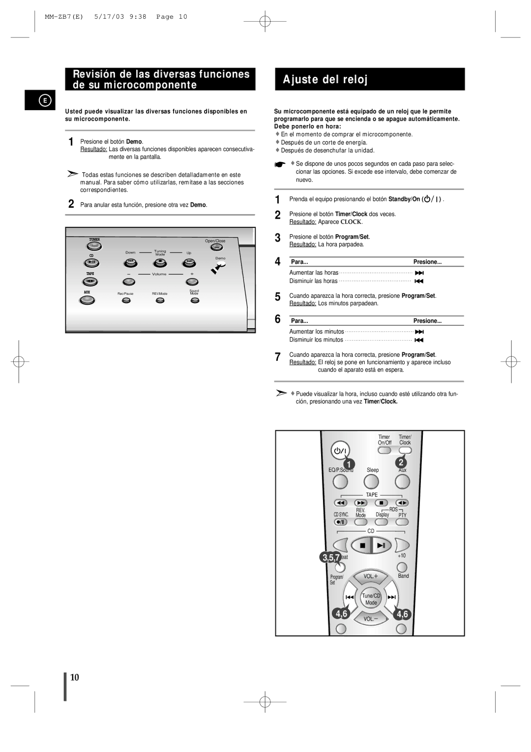 Samsung MMZB7RH/ELS manual Ajuste del reloj, Revisión de las diversas funciones de su microcomponente, Para Presione 