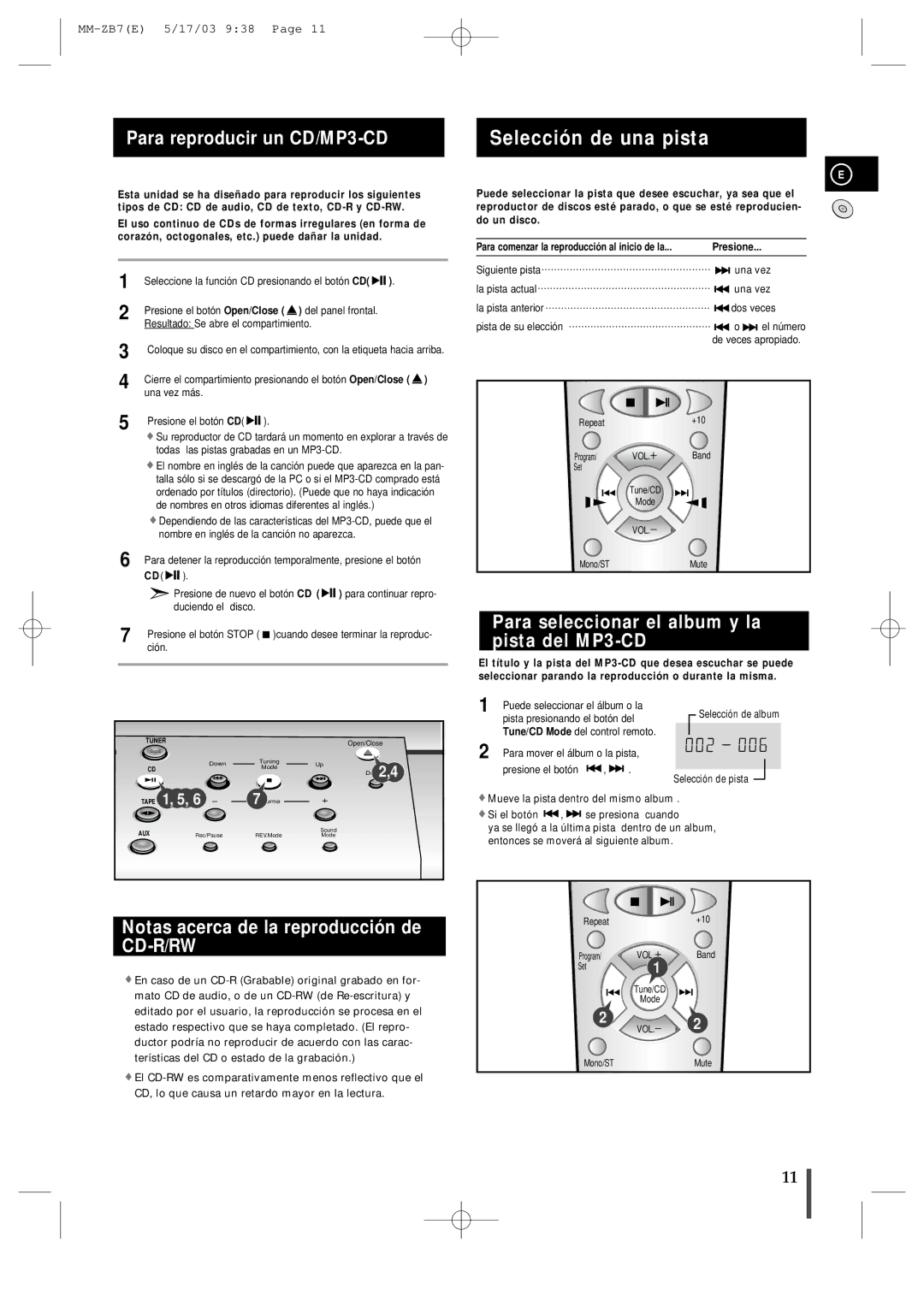 Samsung MMZB7RH/ELS manual Selección de una pista, Para reproducir un CD/MP3-CD, Notas acerca de la reproducción de CD-R/RW 