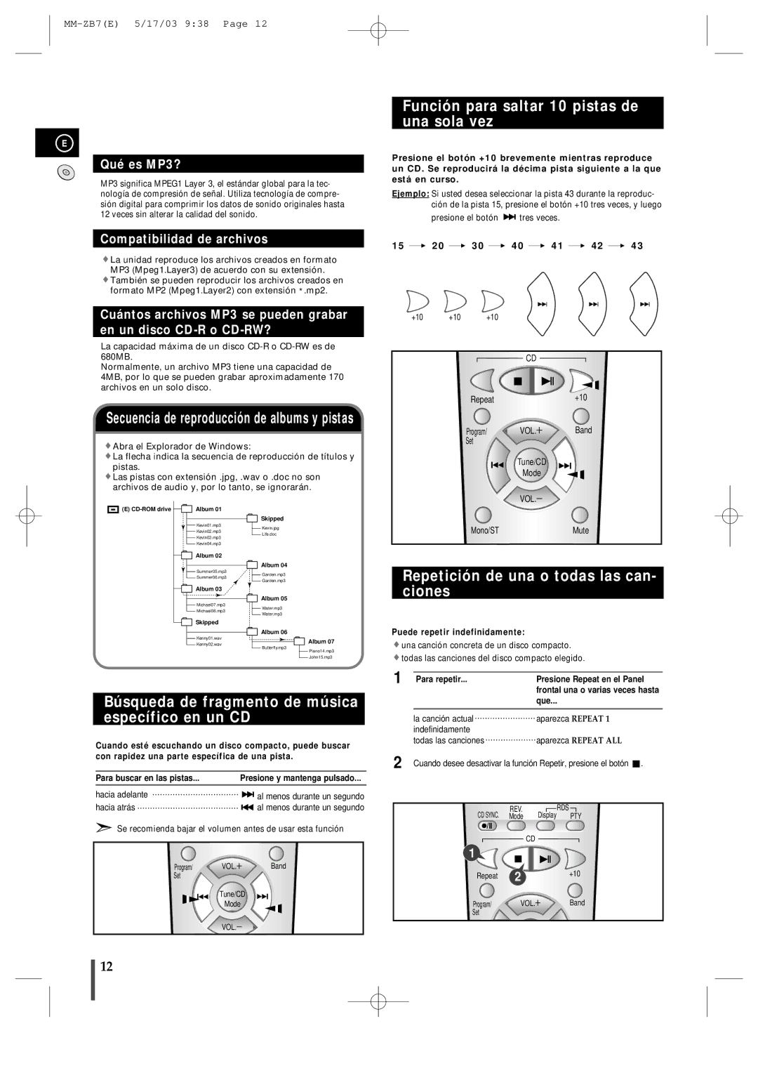 Samsung MMZB7RH/ELS manual Función para saltar 10 pistas de una sola vez, Repetición de una o todas las can- ciones, Que 